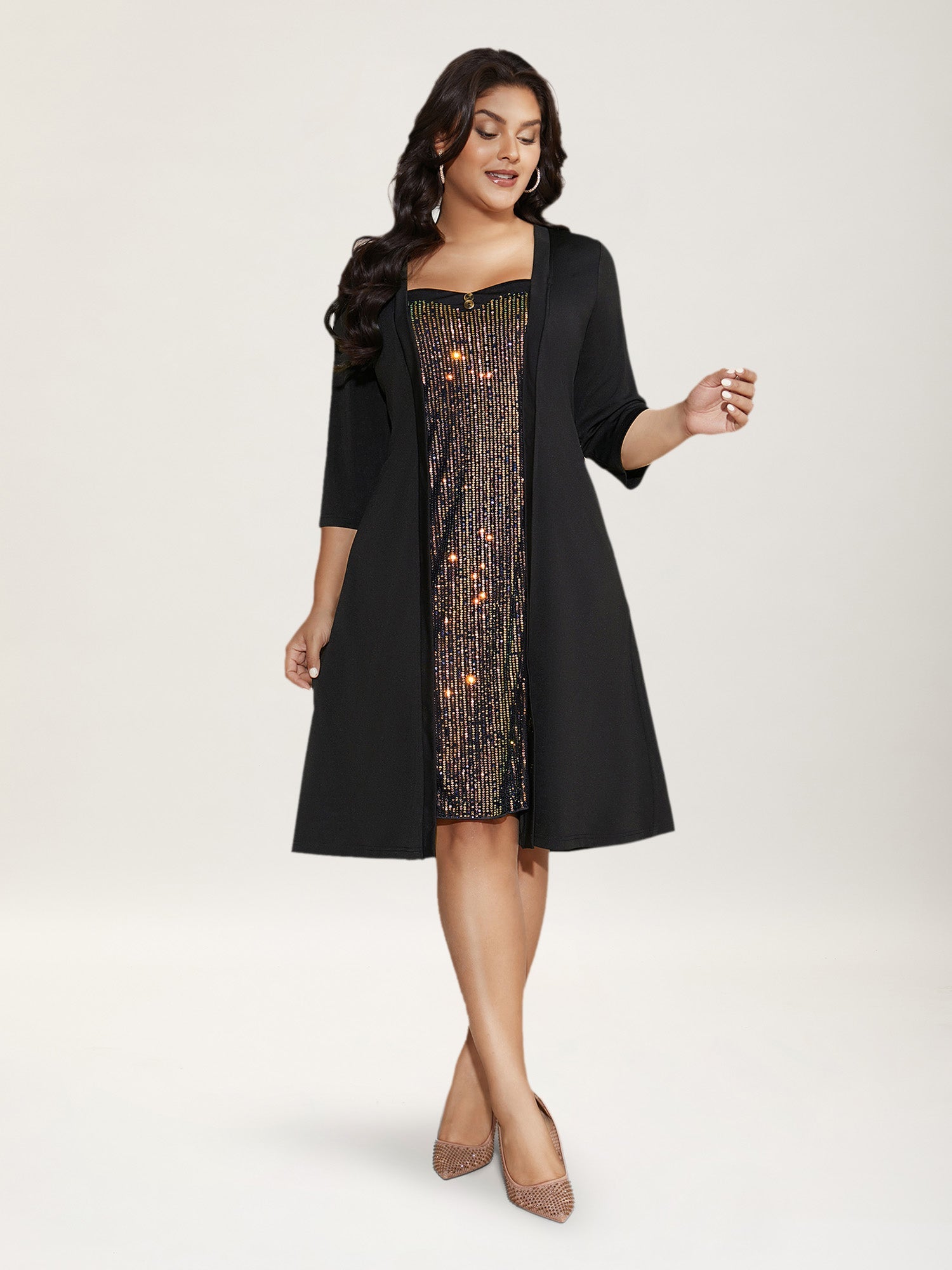 Heart Neckline Patchwork Sequin Button Detail Dress