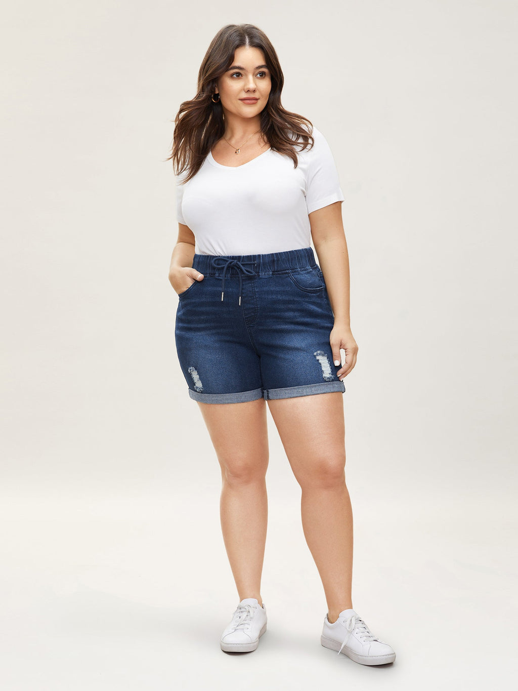 Distressed Drawstring Roll Hem Denim Shorts