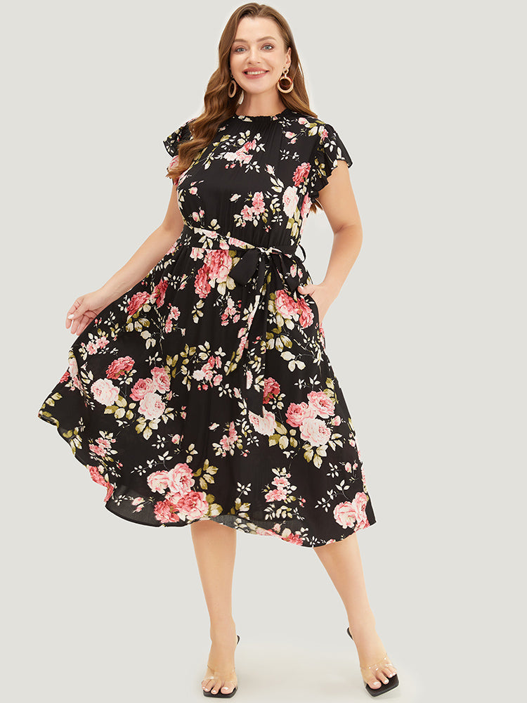 Floral Frill Trim Mock Neck Pocket Ruffle Belted Cap Sleeve Dress