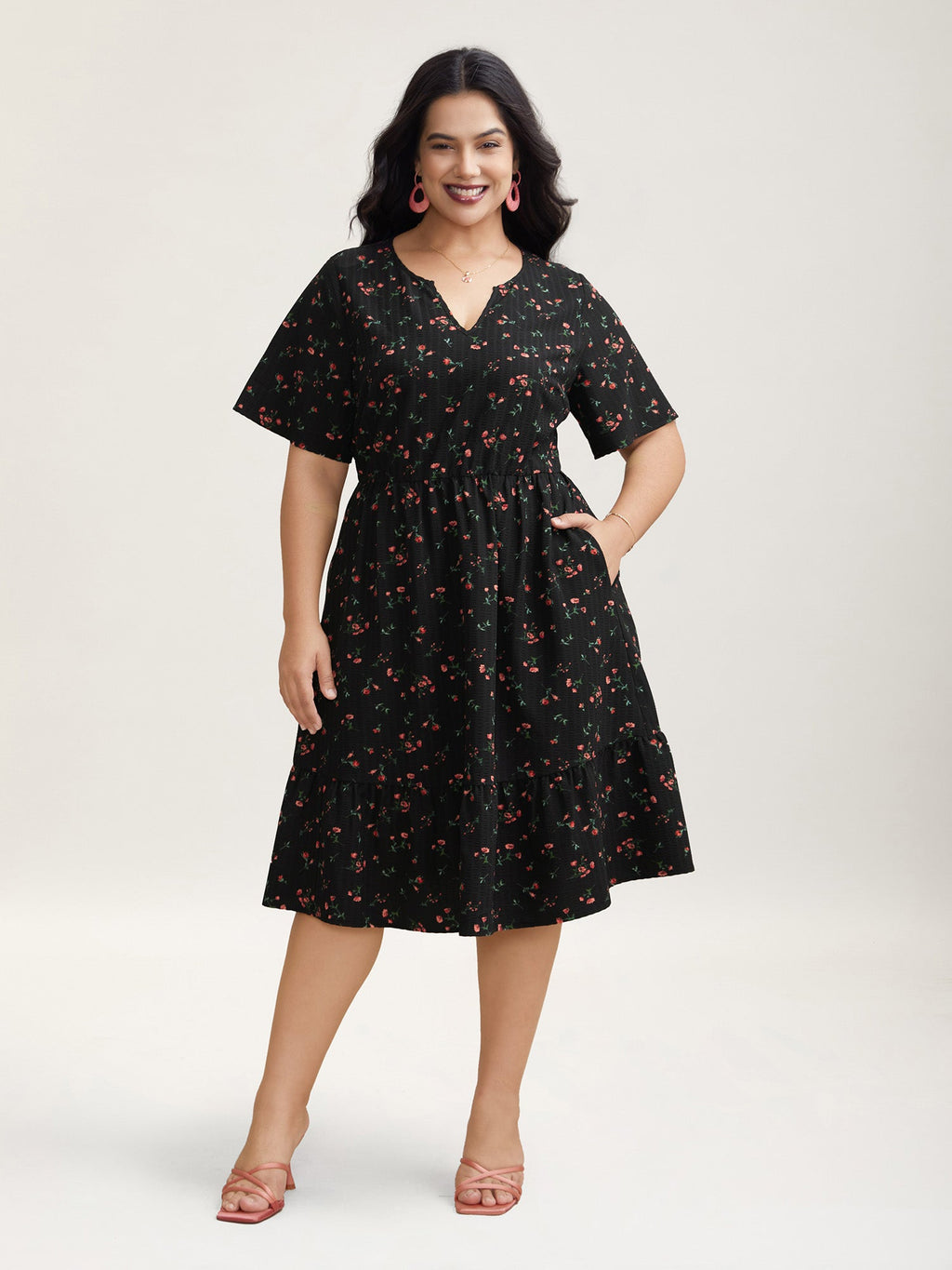 Floral Flared Sleeve Tiered Midi Dress
