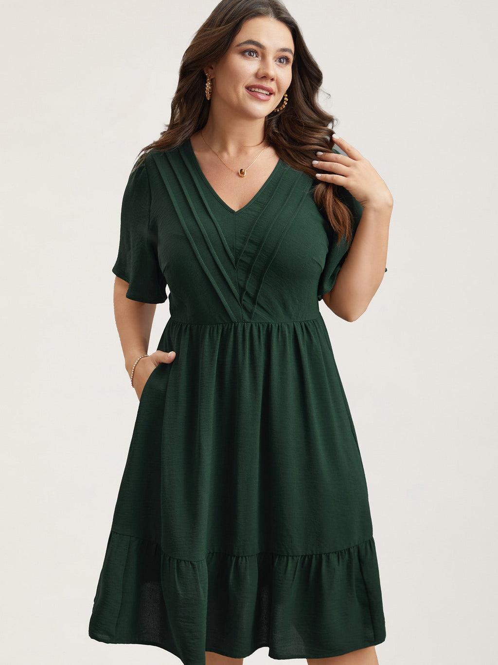 Bib-Front V-Neck Pockets Tiered Midi Dress
