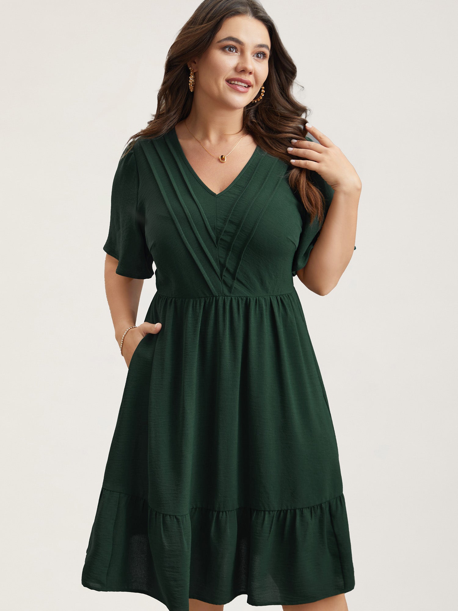 Bib-Front V-Neck Pockets Tiered Midi Dress