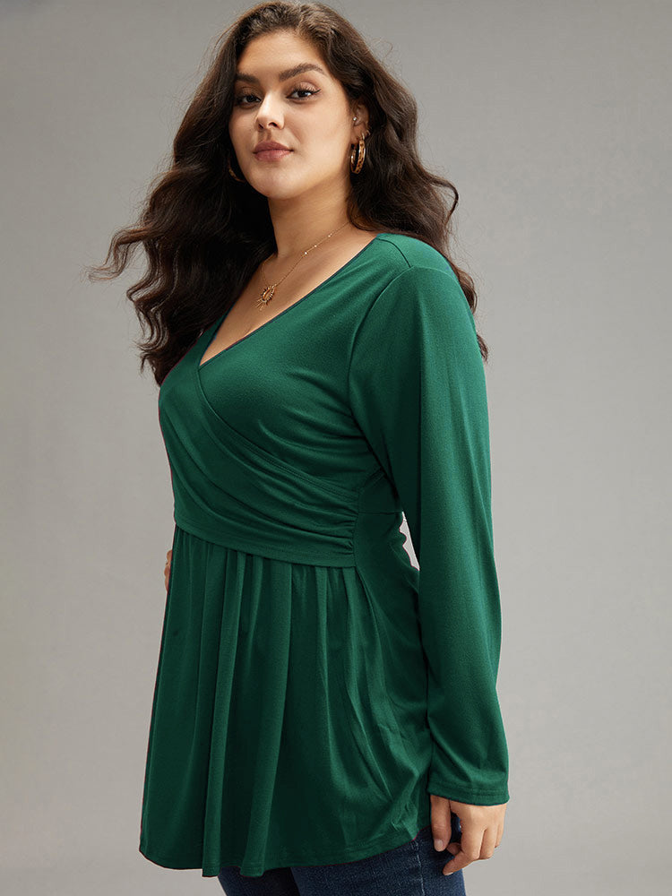 Solid Crossover V Neck Ruffle Hem T-shirt