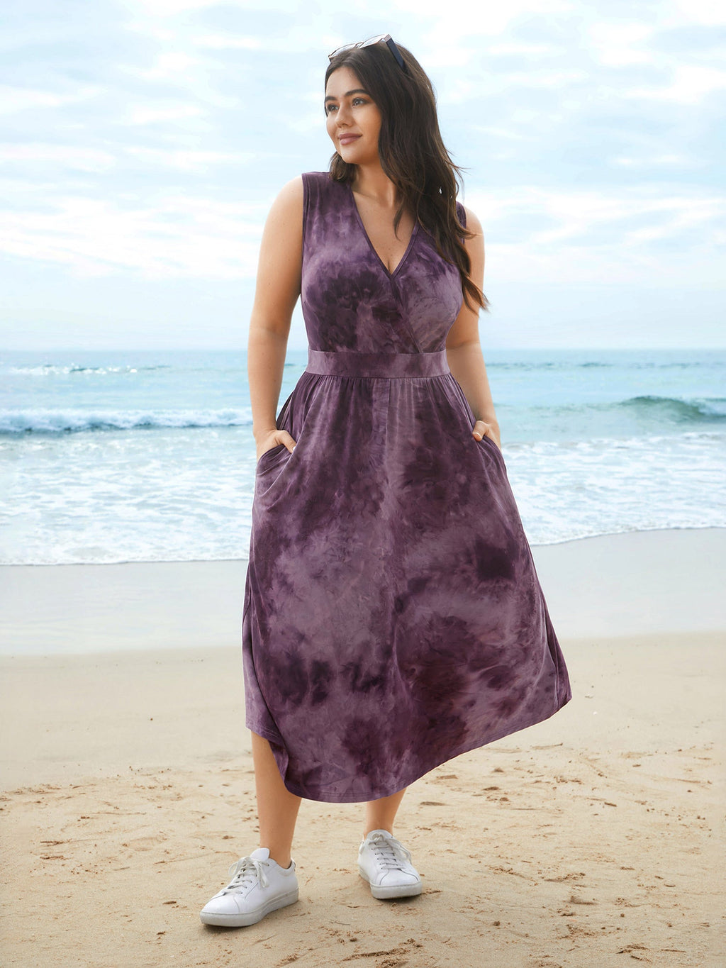 Tie-Dye Surplice Neck Curved Hem Midi Dress