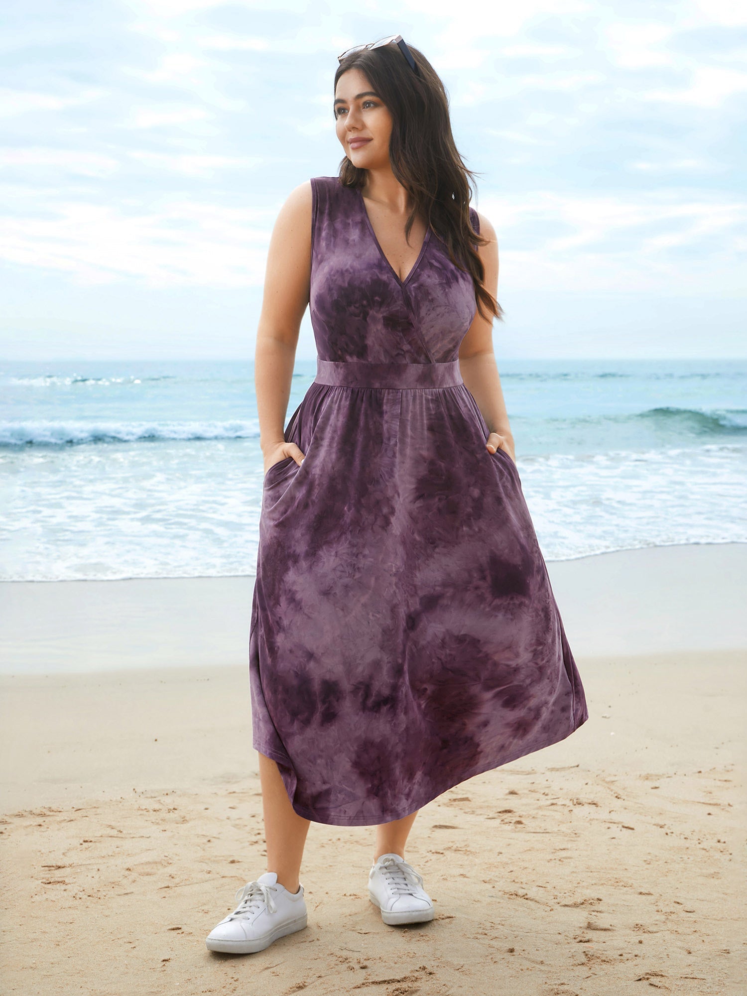 Tie-Dye Surplice Neck Curved Hem Midi Dress