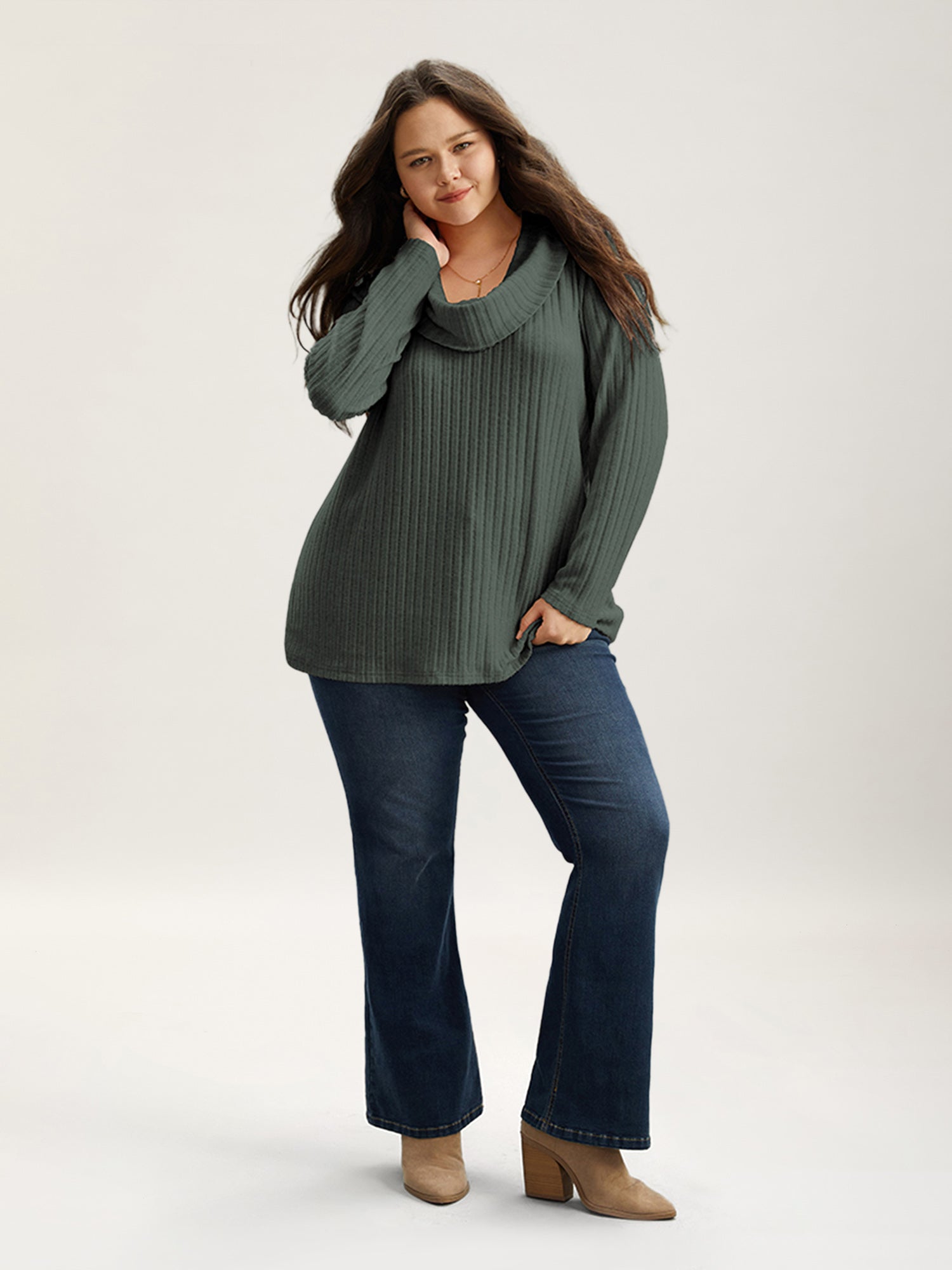 Plain Rib Knit Cowl Neck T-shirt
