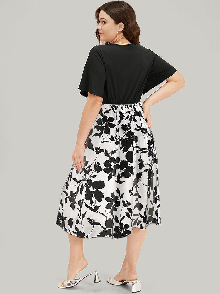 Silhouette Floral Print Patchwork Crossover Pocket Dress