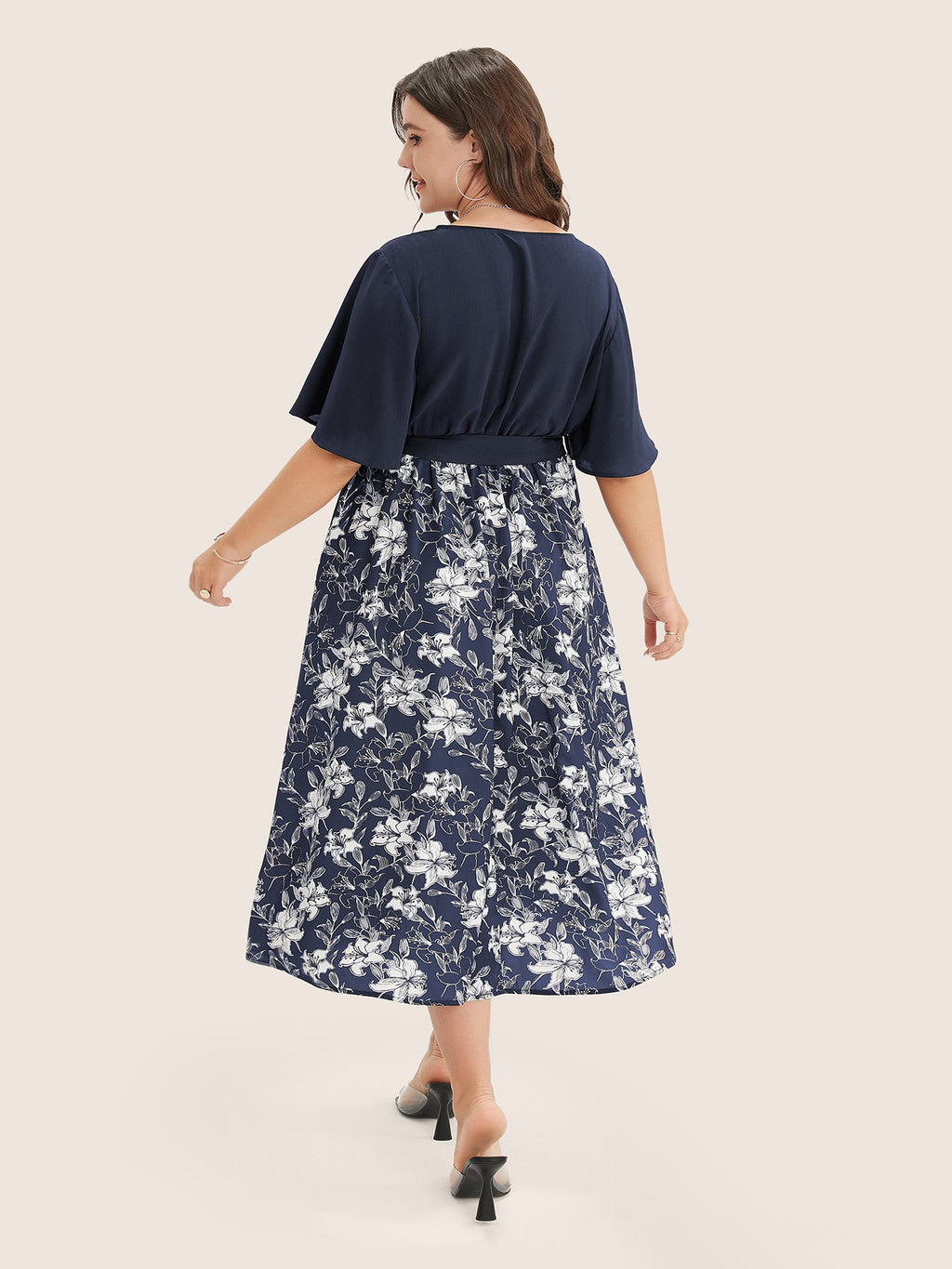 Floral Patchwork Pocket Belt Surplice Neck Ruffle Hem Dress