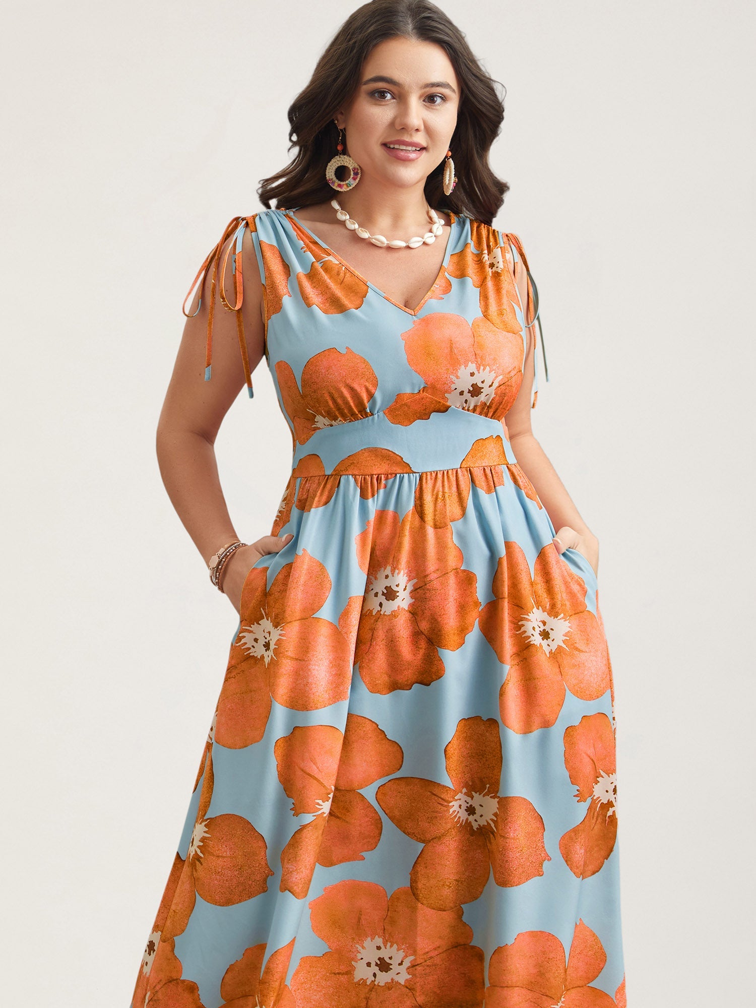 Floral Print V-Neck Tied Midi Dress