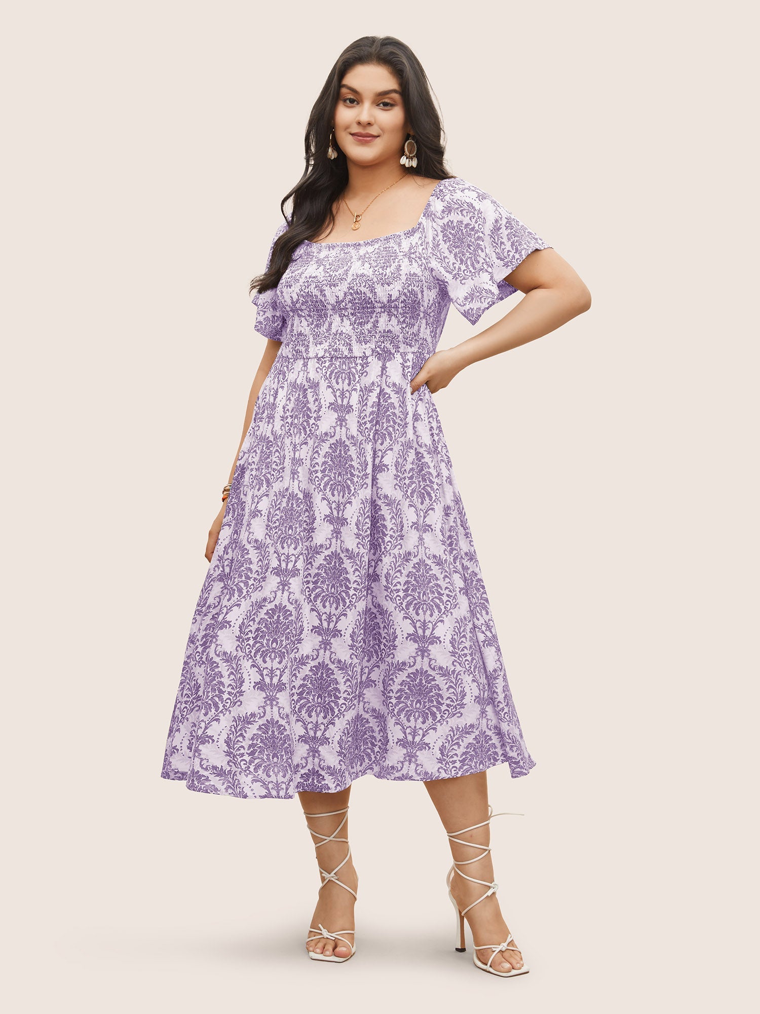 Bandana Print Shirred Off Shoulder Dress