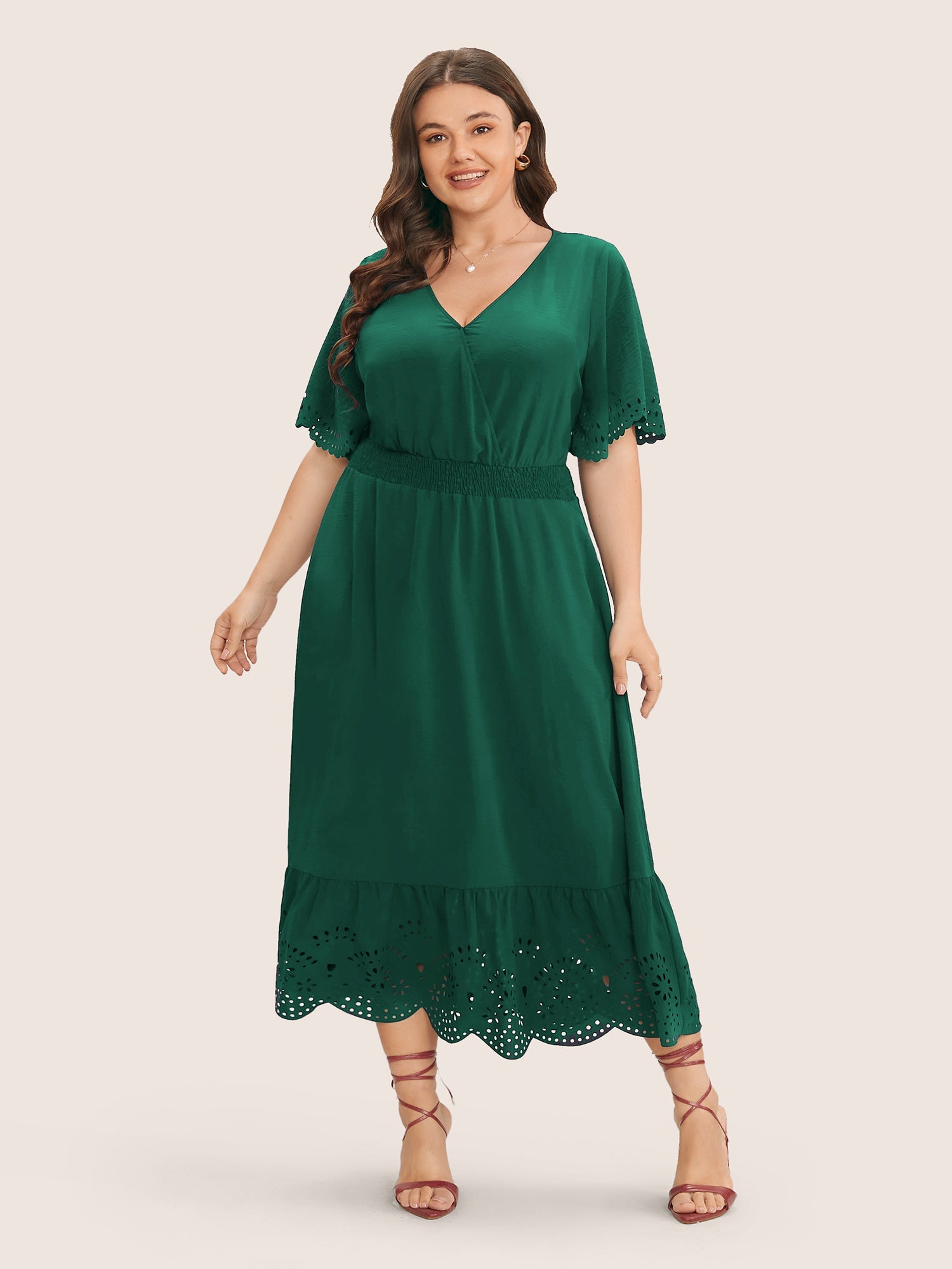 Solid Laser Cut Shirred Pocket Wrap Scalloped Trim Flutter Dress
