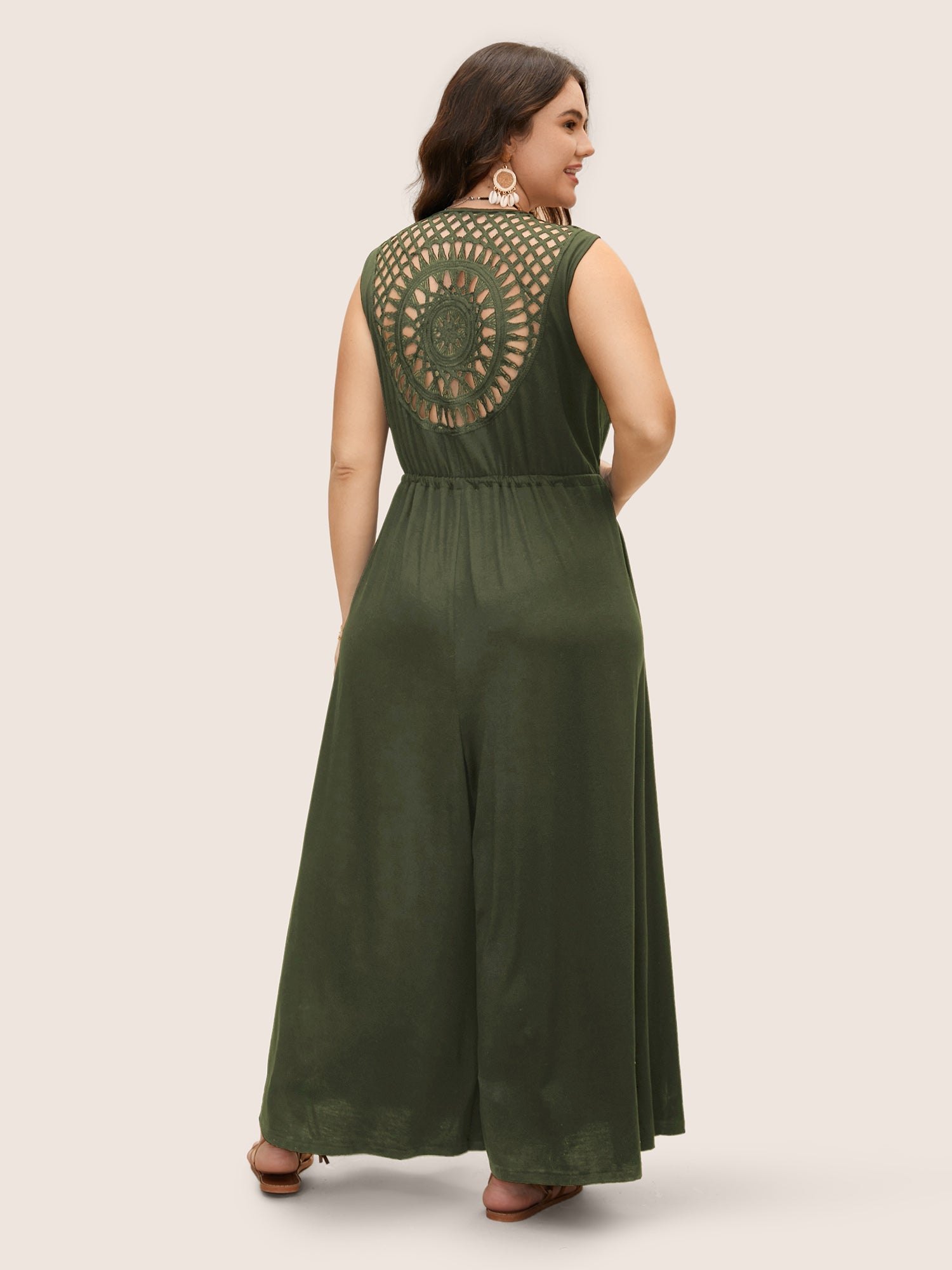 V Neck Crocheted Cut Out Jumpsuit