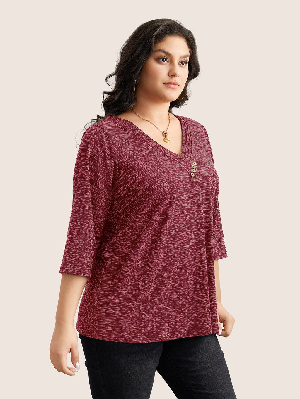 Heather Pleated Button Detail T-shirt