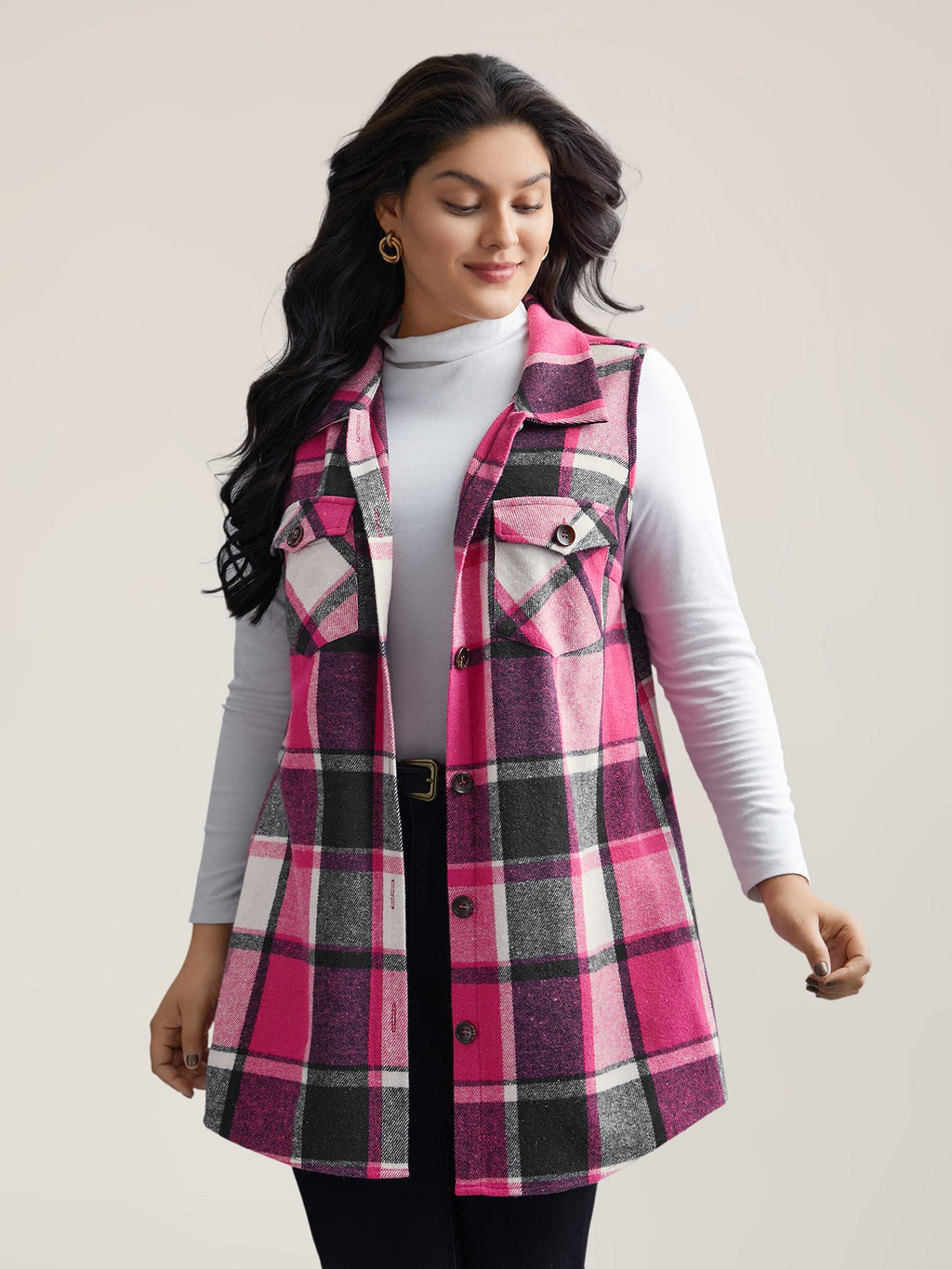 Plaid Flap Detail Sleeveless Jacket