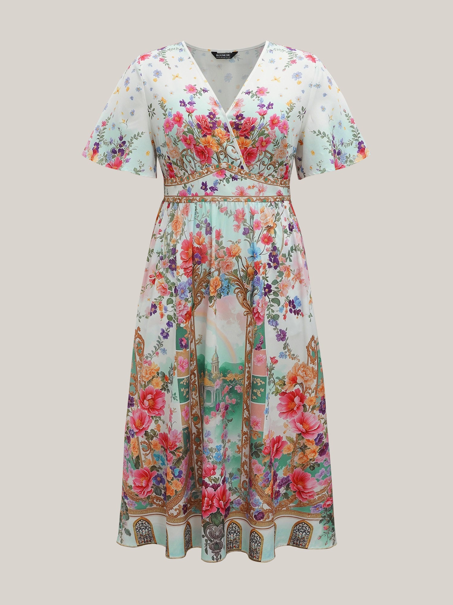 Floral Print Wrap-Neck Flared Sleeve Maxi Dress
