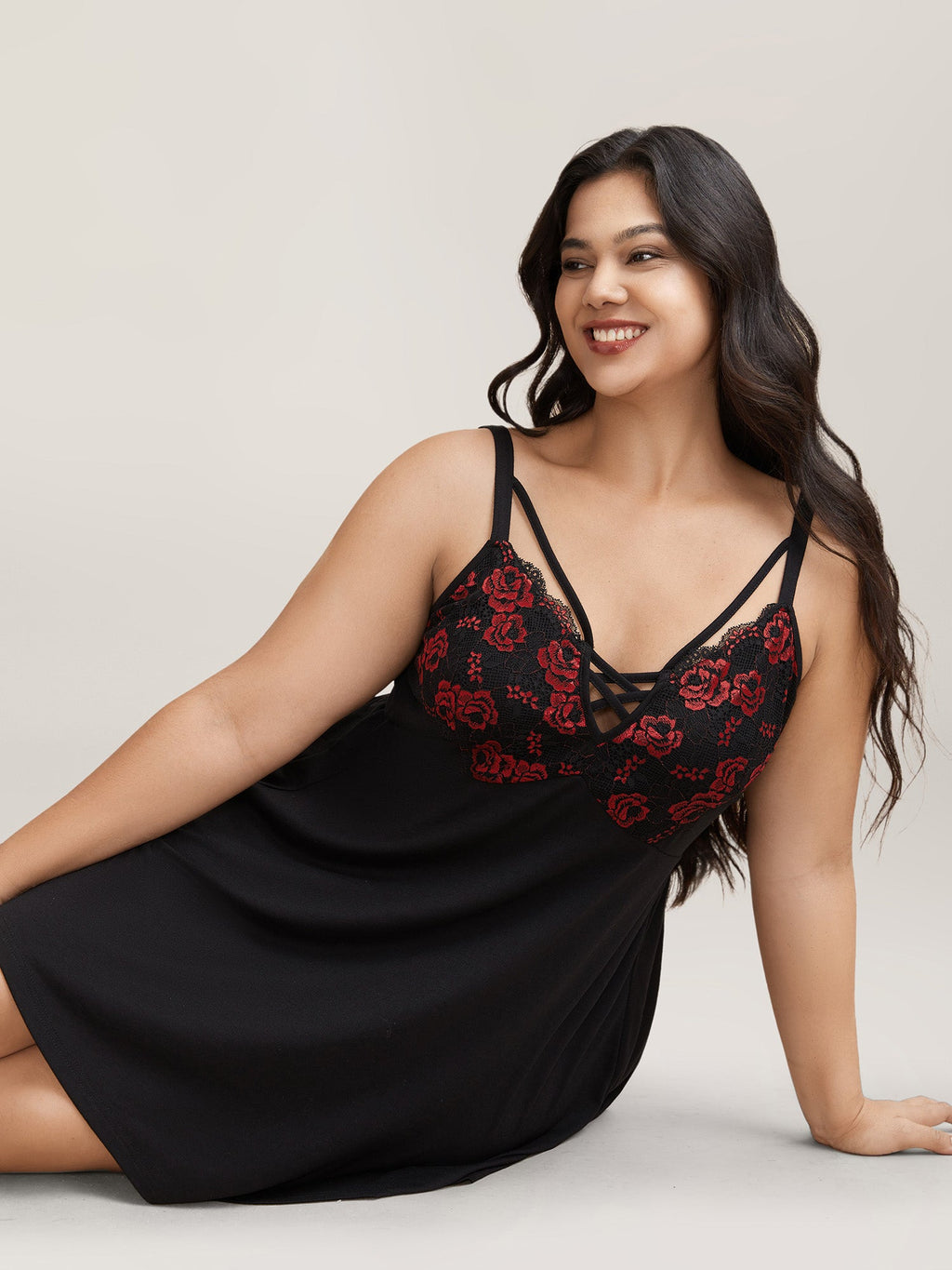 Floral Lace Spliced Neck Tie Sleep Dress