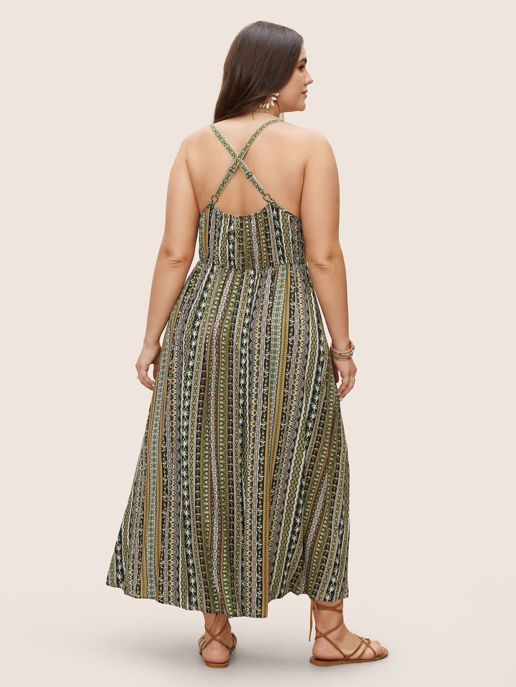 Boho Print Elastic Waist Split Hem Cami Dress