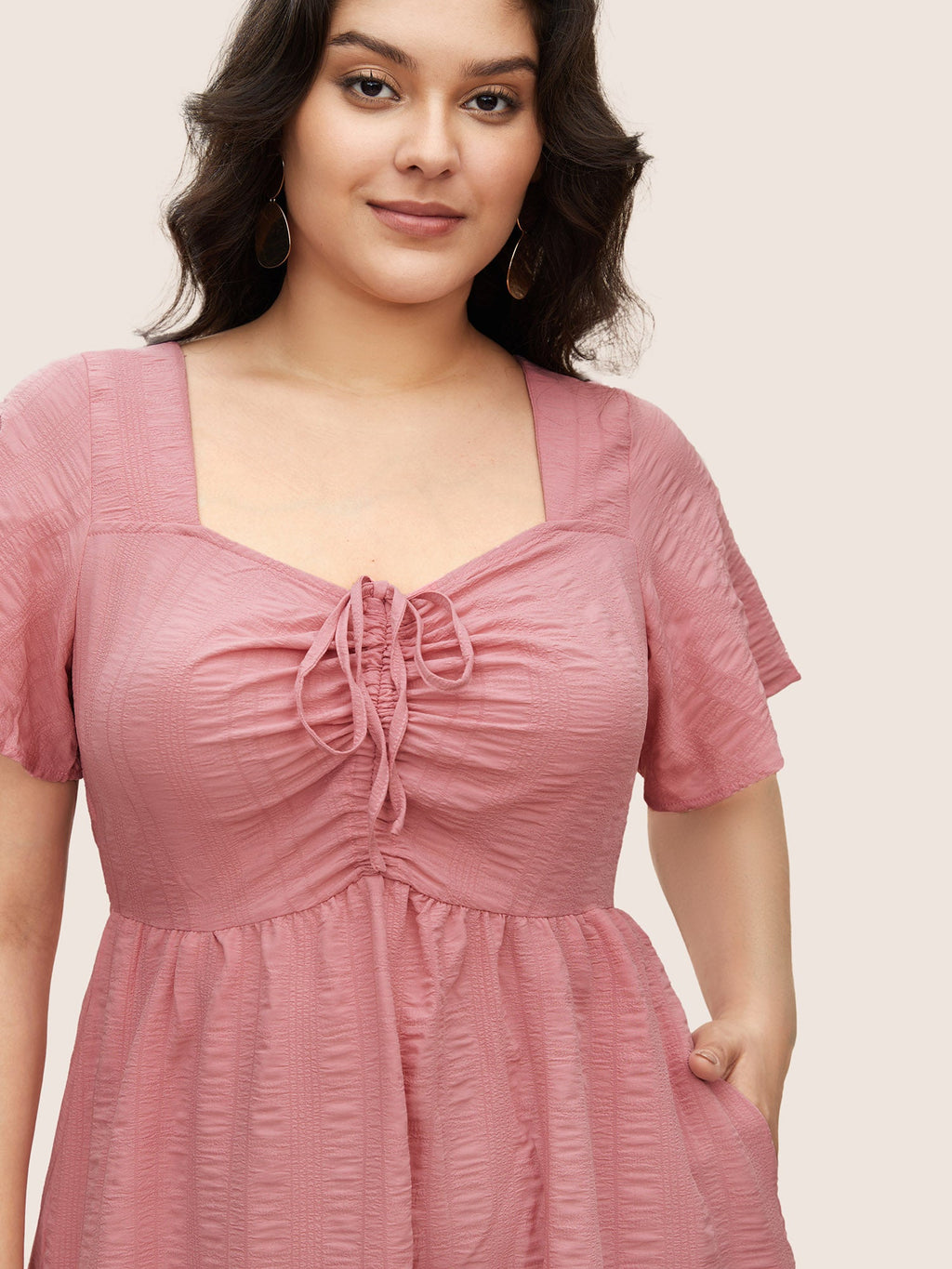 Plain Ruched Drawstring Pocket Ruffle Tiered Dress