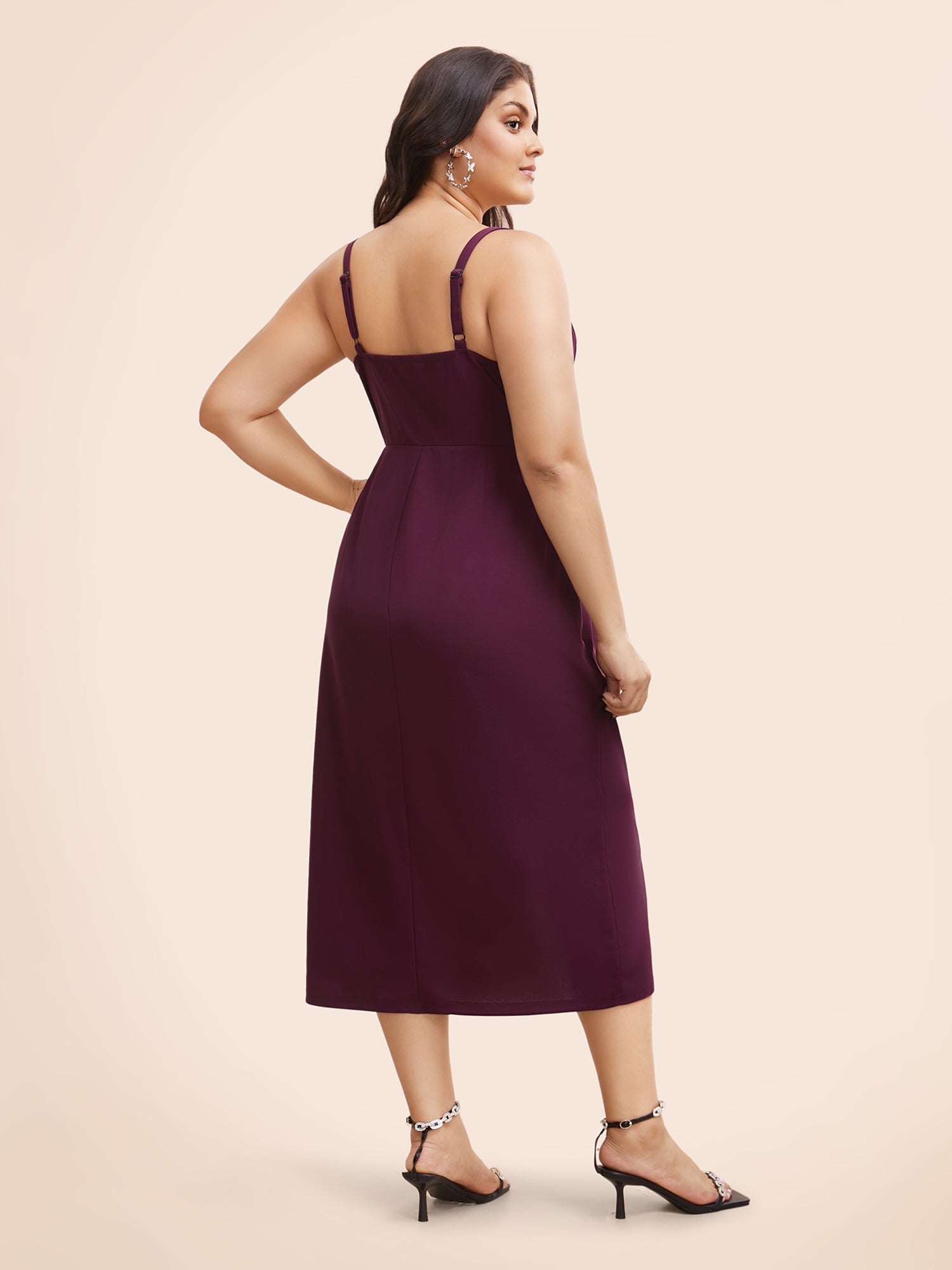 Plain Notched Pleated Detail Spaghetti Strap Wrap Hem Dress