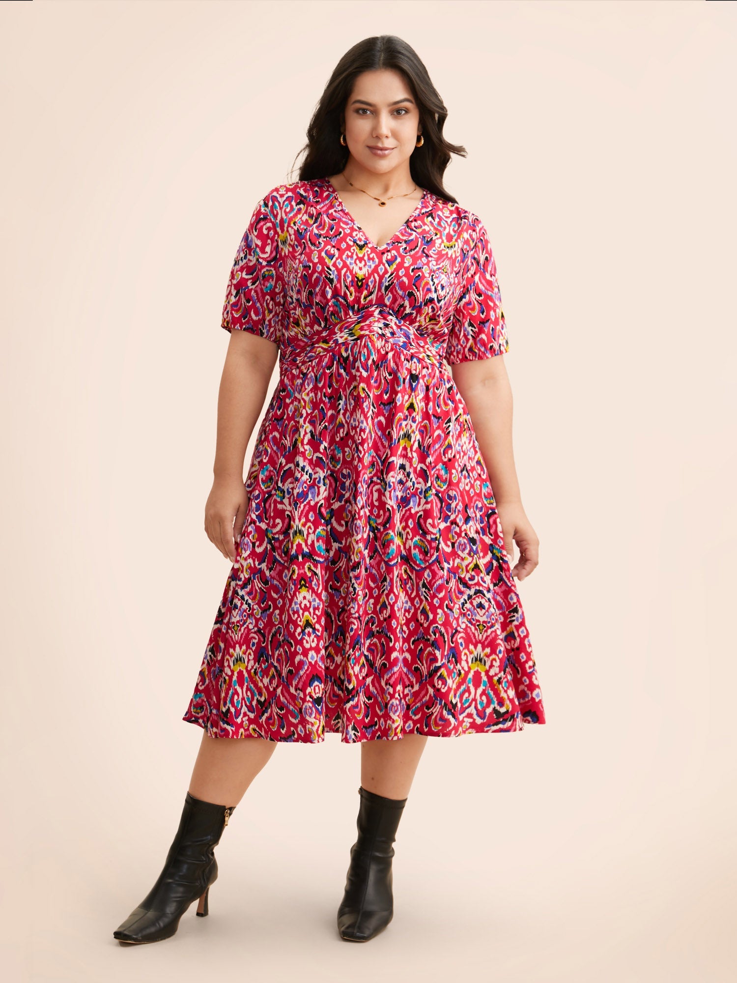 Bandana Print V Neck Shirred Gathered Dress