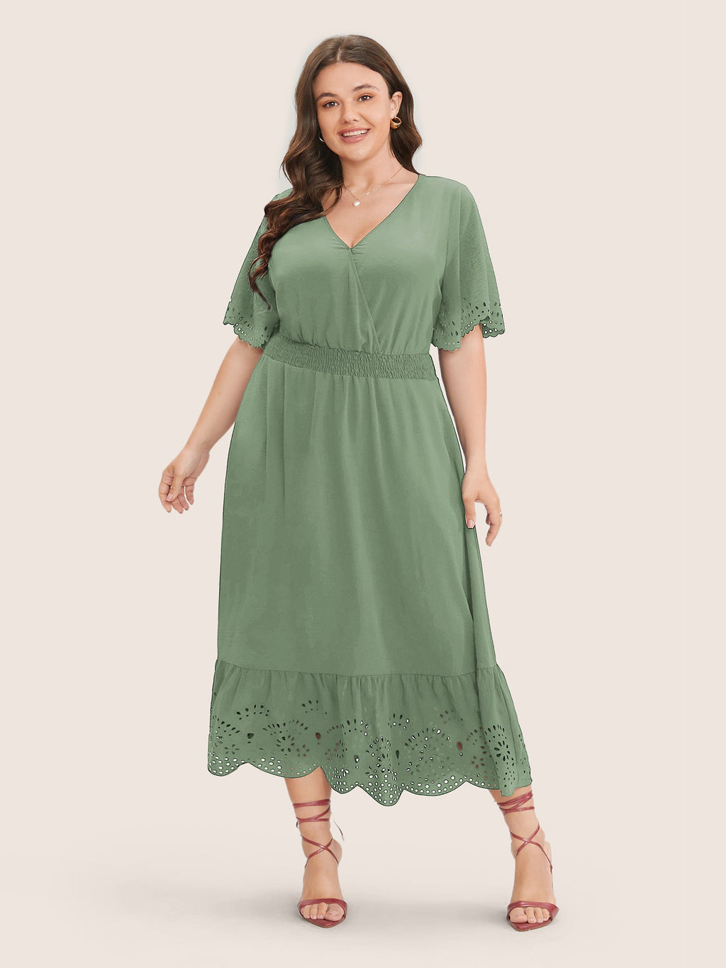 Solid Laser Cut Shirred Pocket Wrap Scalloped Trim Flutter Dress