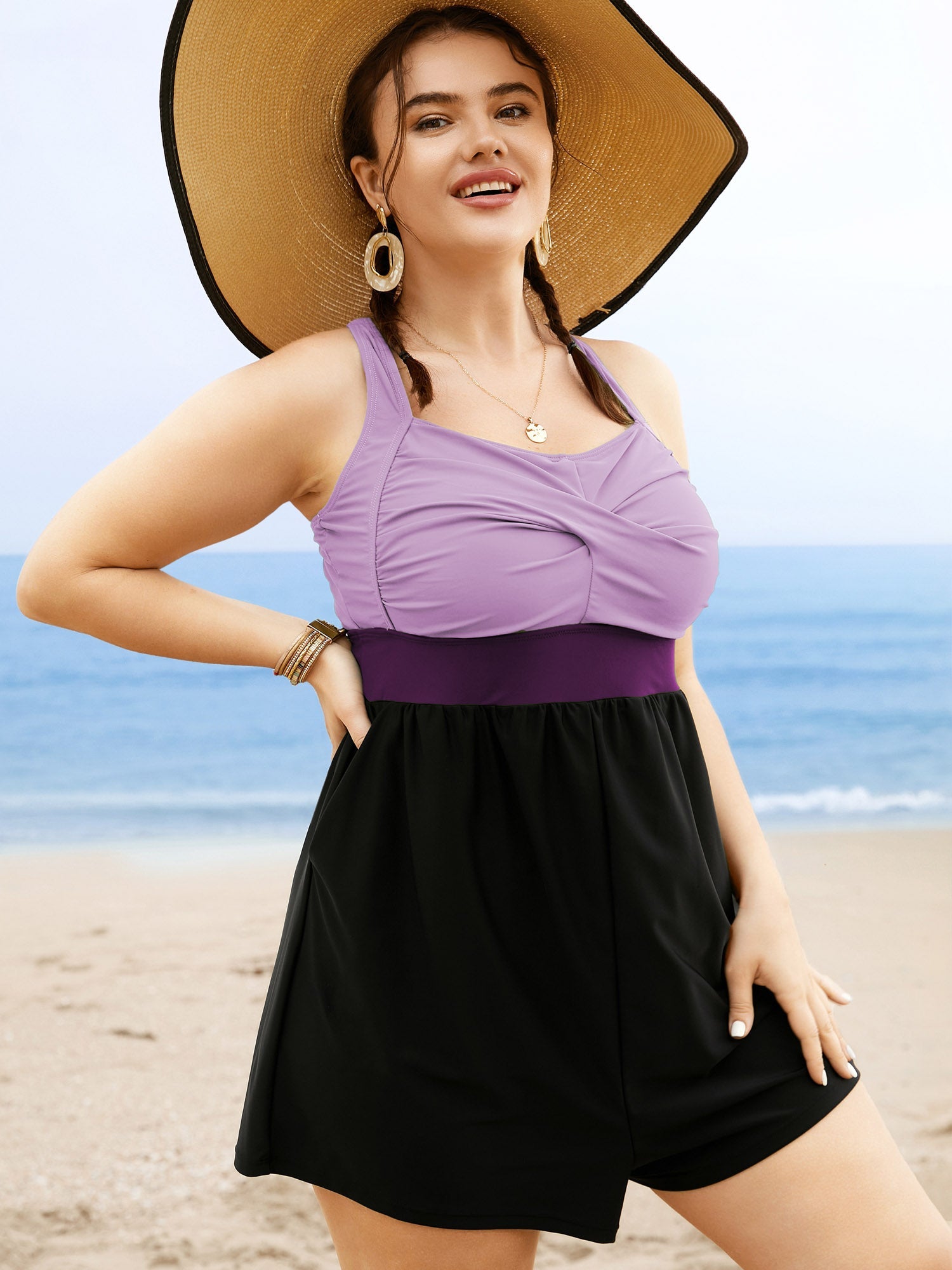 Patchwork Contrast Crossover One Piece Swimsuit