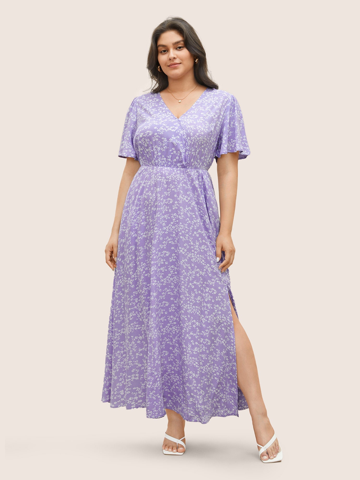 Bloom Dress - Flutter Sleeve Ditsy Floral Pocket Split Maxi Dress