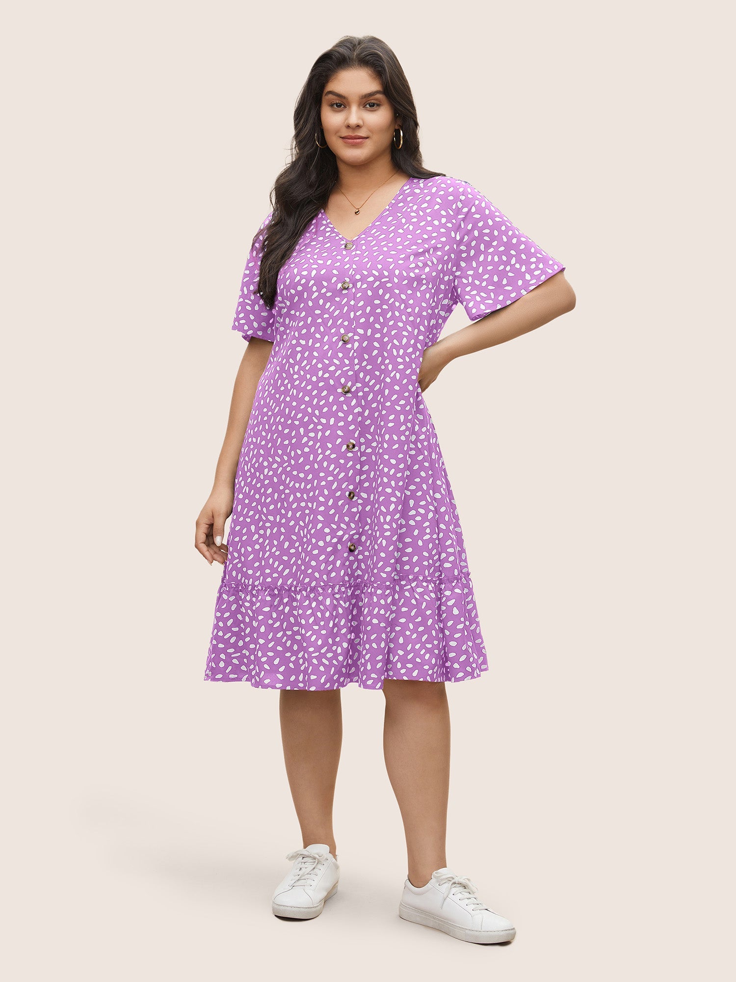 Polka Dot Button Detail Flutter Layered Hem Dress