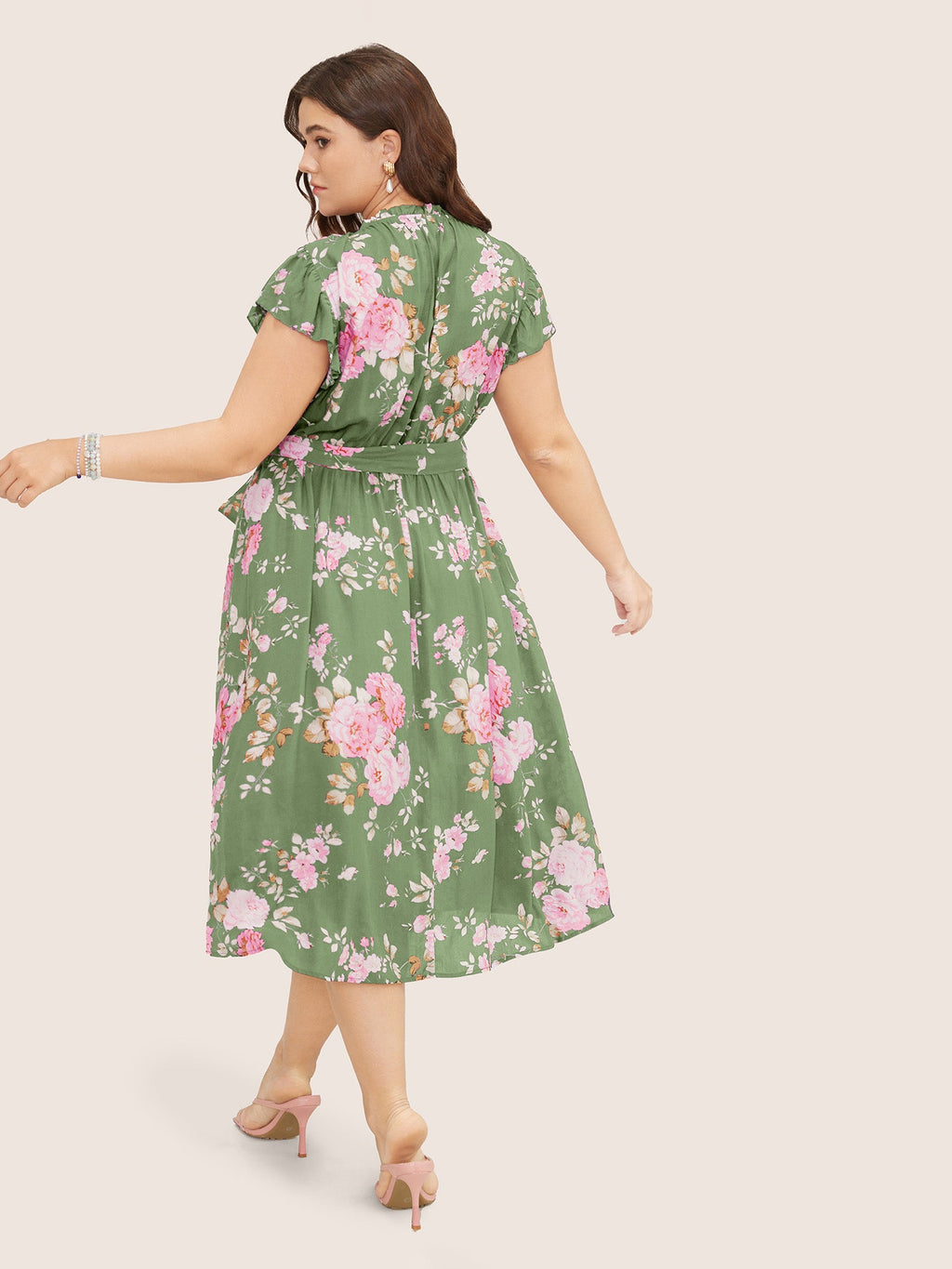 Floral Frill Trim Mock Neck Pocket Ruffle Belted Cap Sleeve Dress