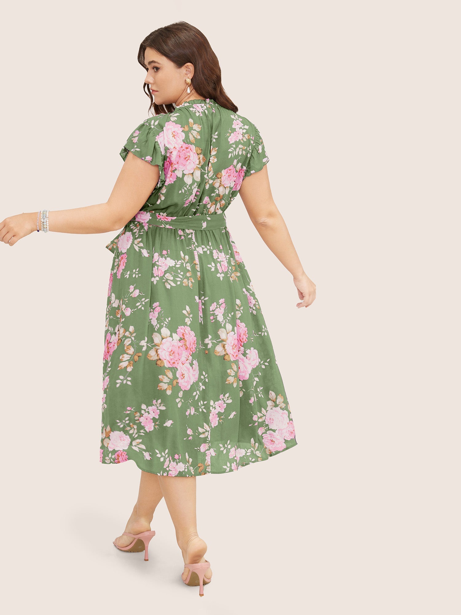 Floral Frill Trim Mock Neck Pocket Ruffle Belted Cap Sleeve Dress