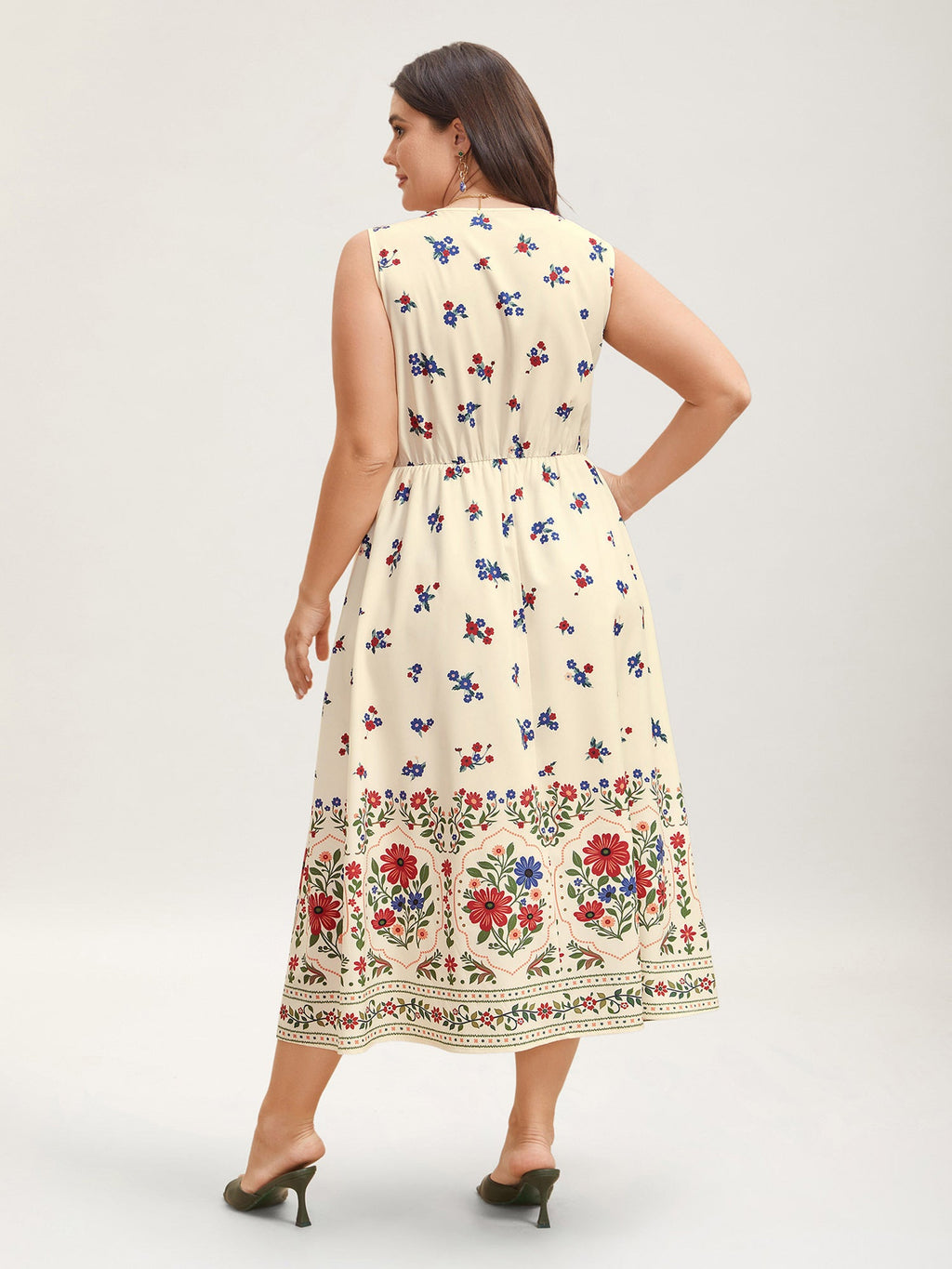 Floral Print V-Neck Waist-Cinched Dress