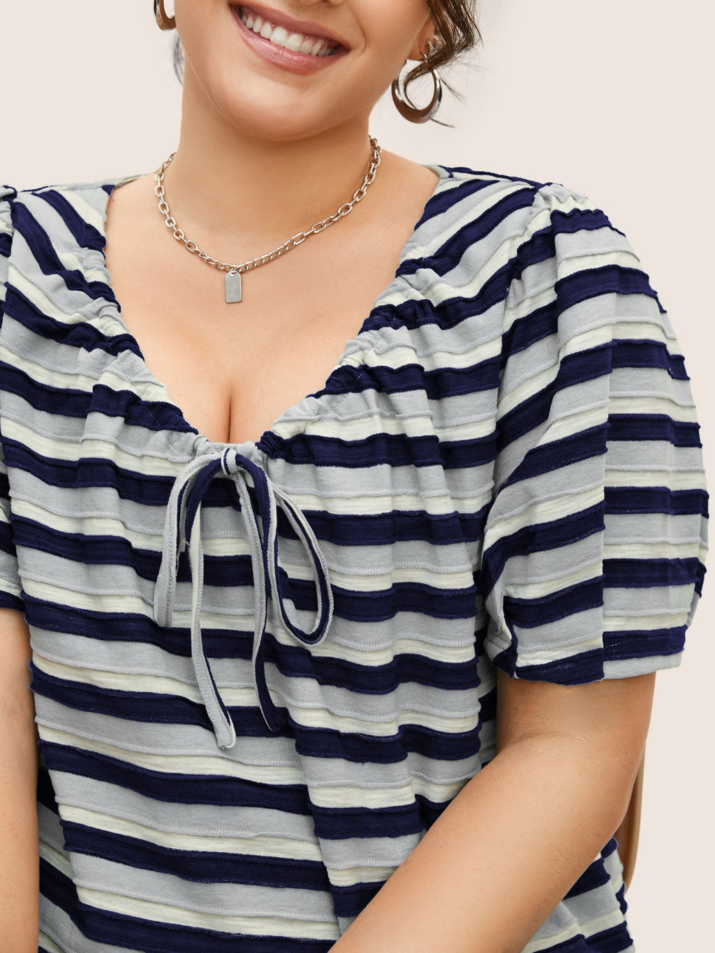 V Neck Textured Striped Tie Knot T-shirt