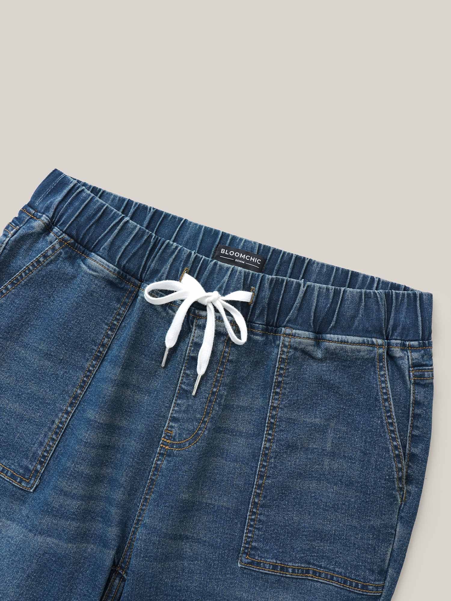 Drawstring Elastic Waist Roll Hem Jeans