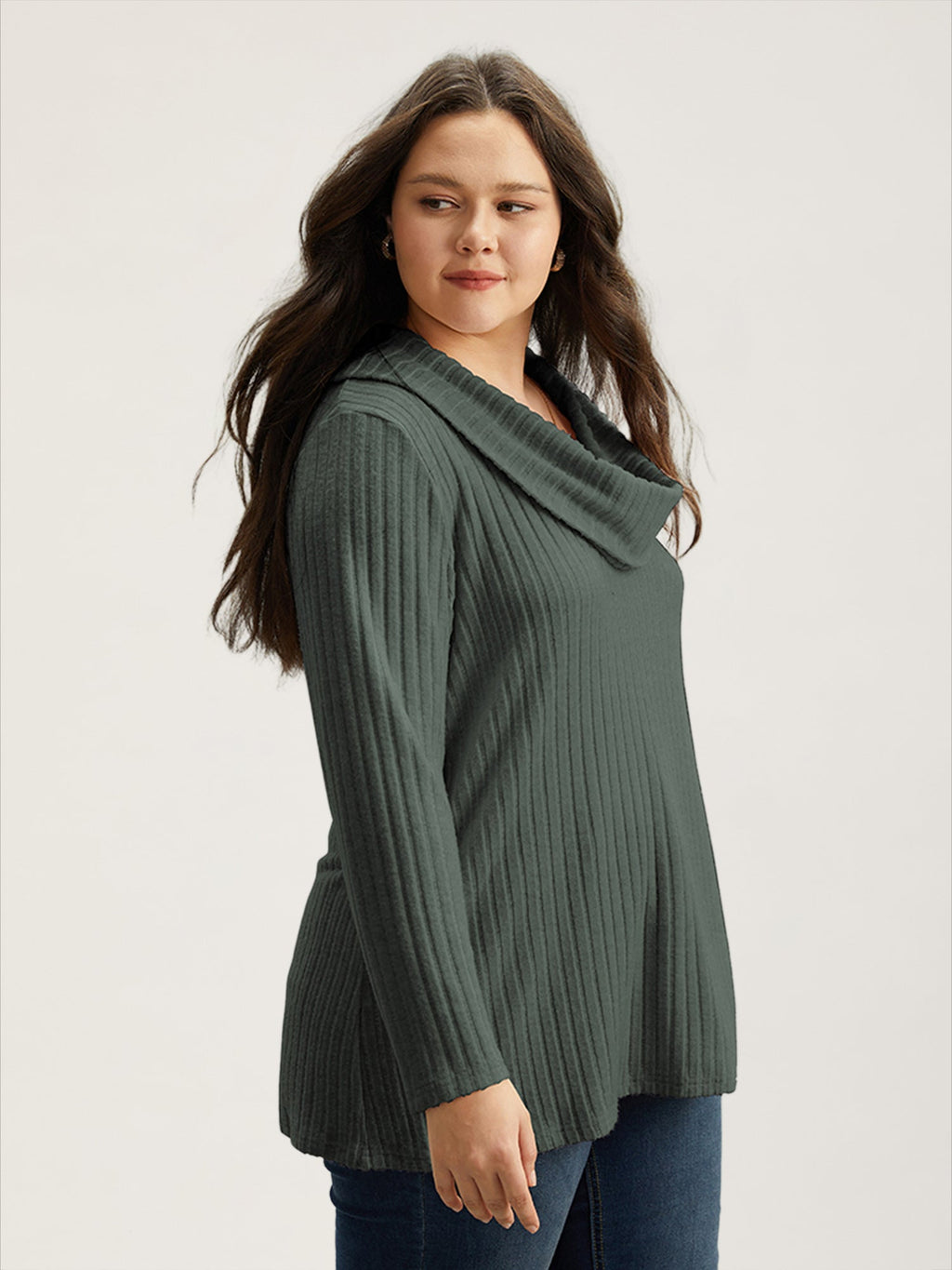 Plain Rib Knit Cowl Neck T-shirt