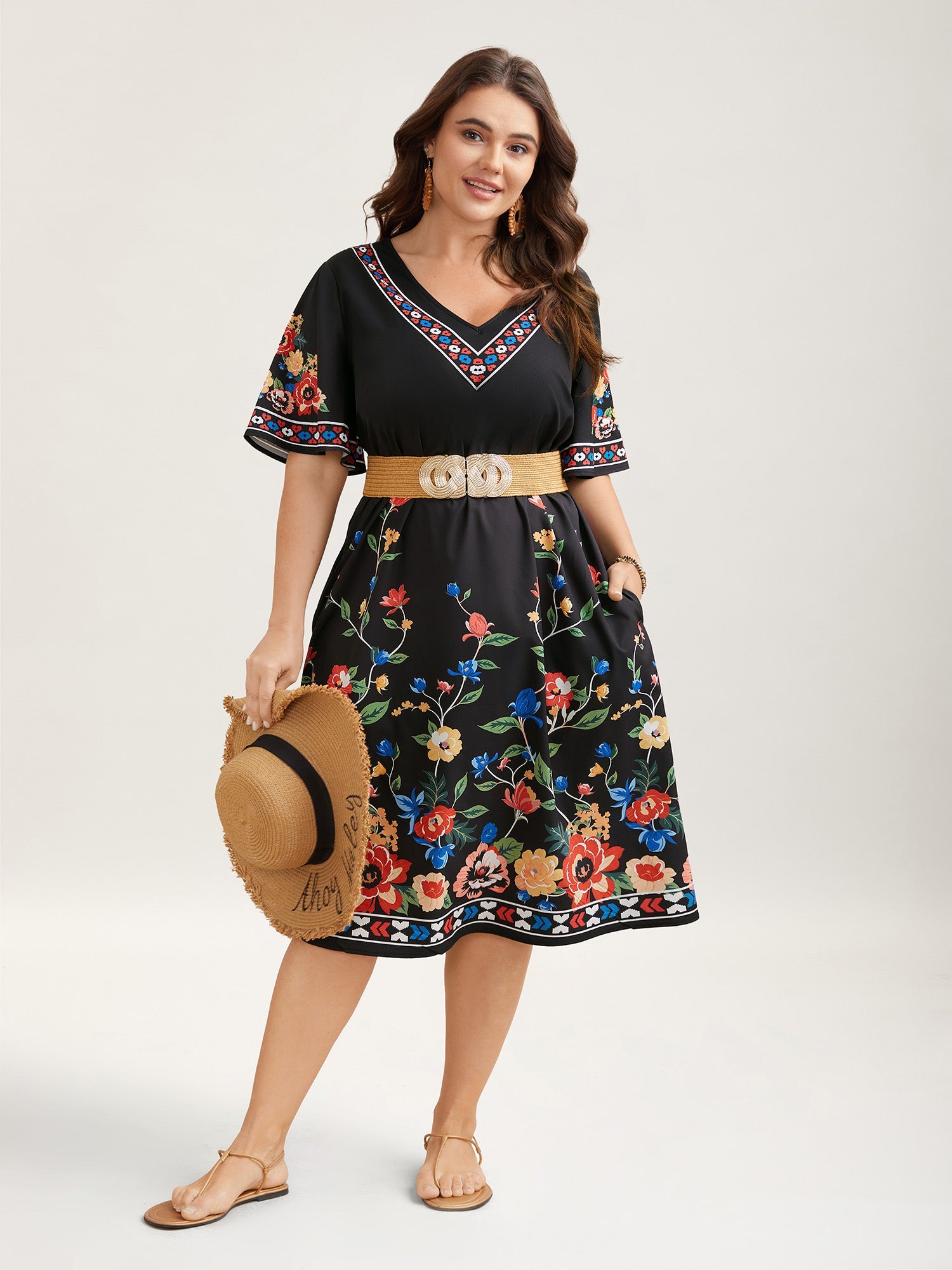 Boho Print V-Neck Flared Sleeve Midi Dress