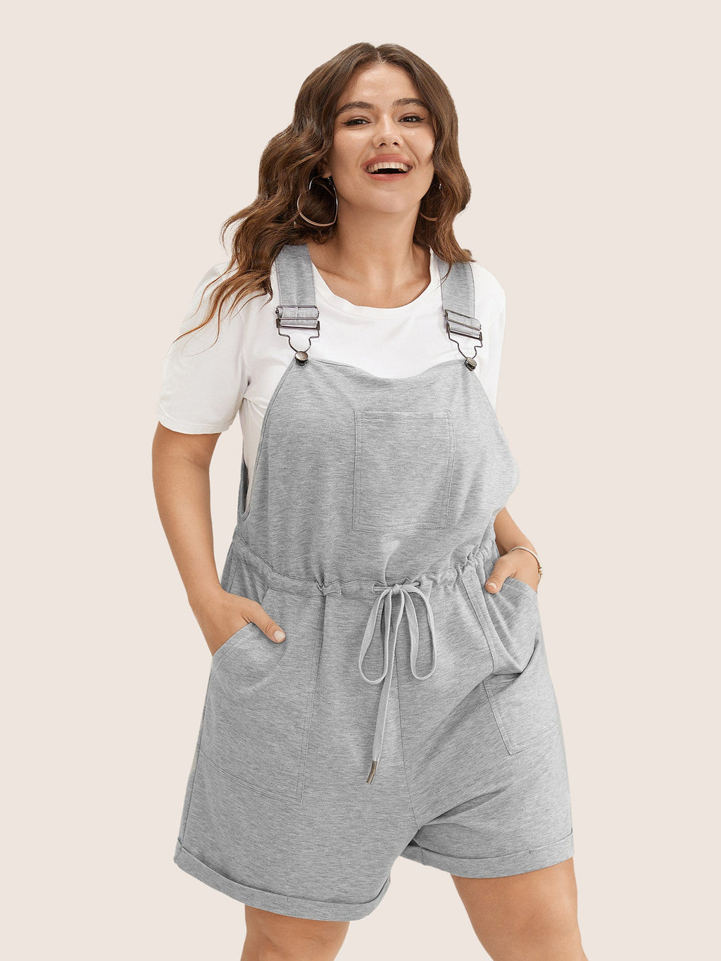 Solid Pocket Drawstring Overall Romper