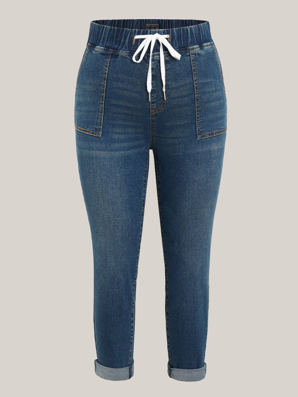 Drawstring Elastic Waist Roll Hem Jeans