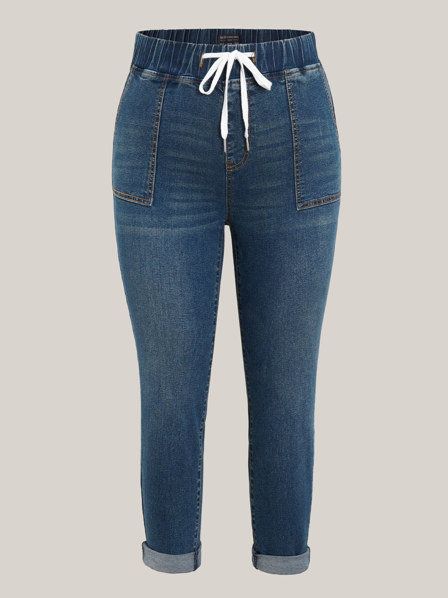 Drawstring Elastic Waist Roll Hem Jeans