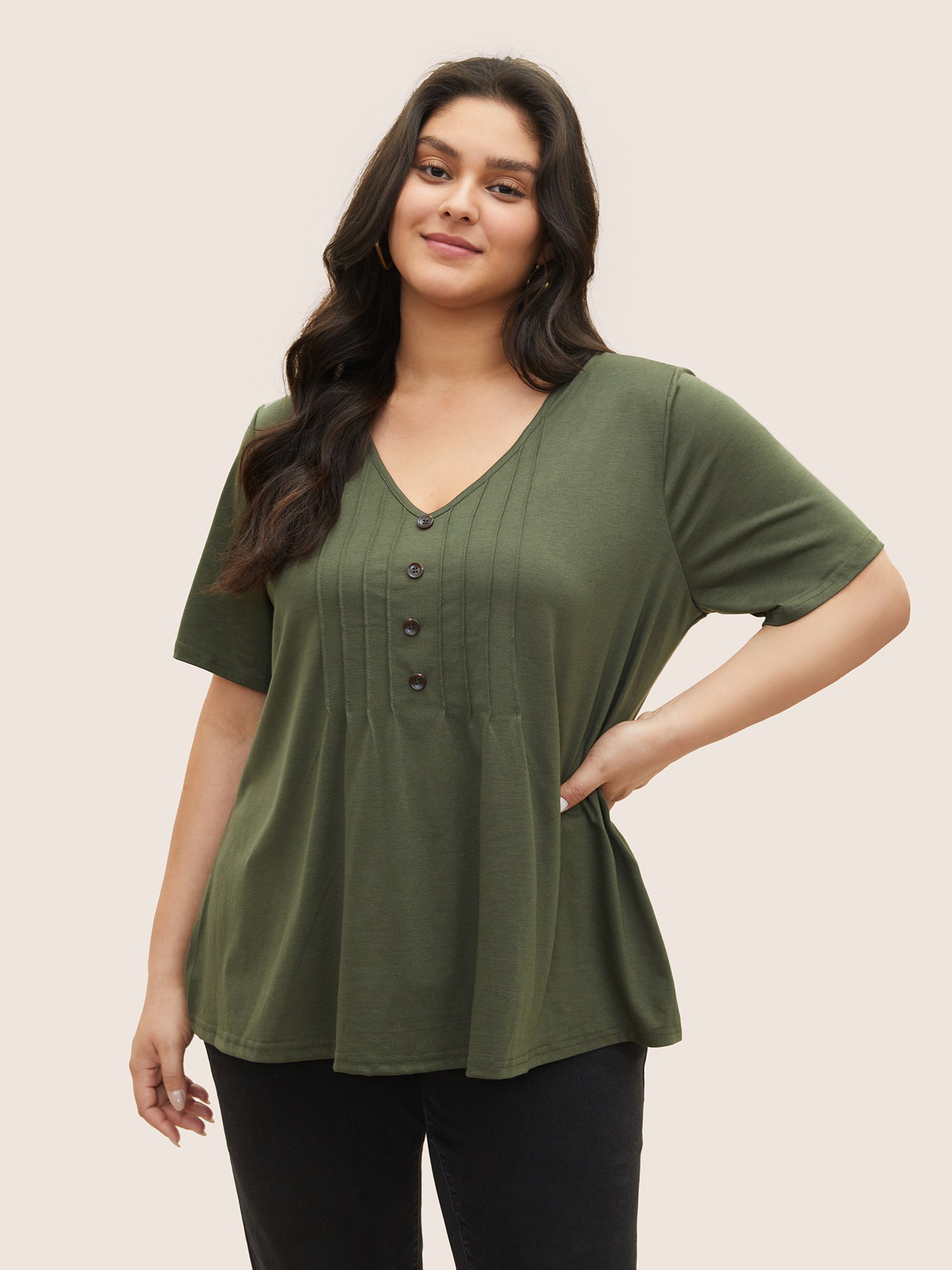 Solid Pleated Front Button Detail V Neck T-shirt