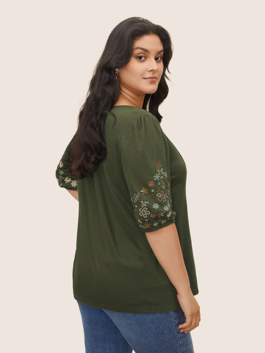 Floral Embroidered Crew Neck Puff Sleeve T-shirt