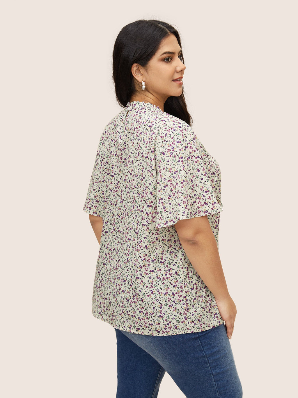 Ditsy Floral Plicated Detail Frill Trim Blouse