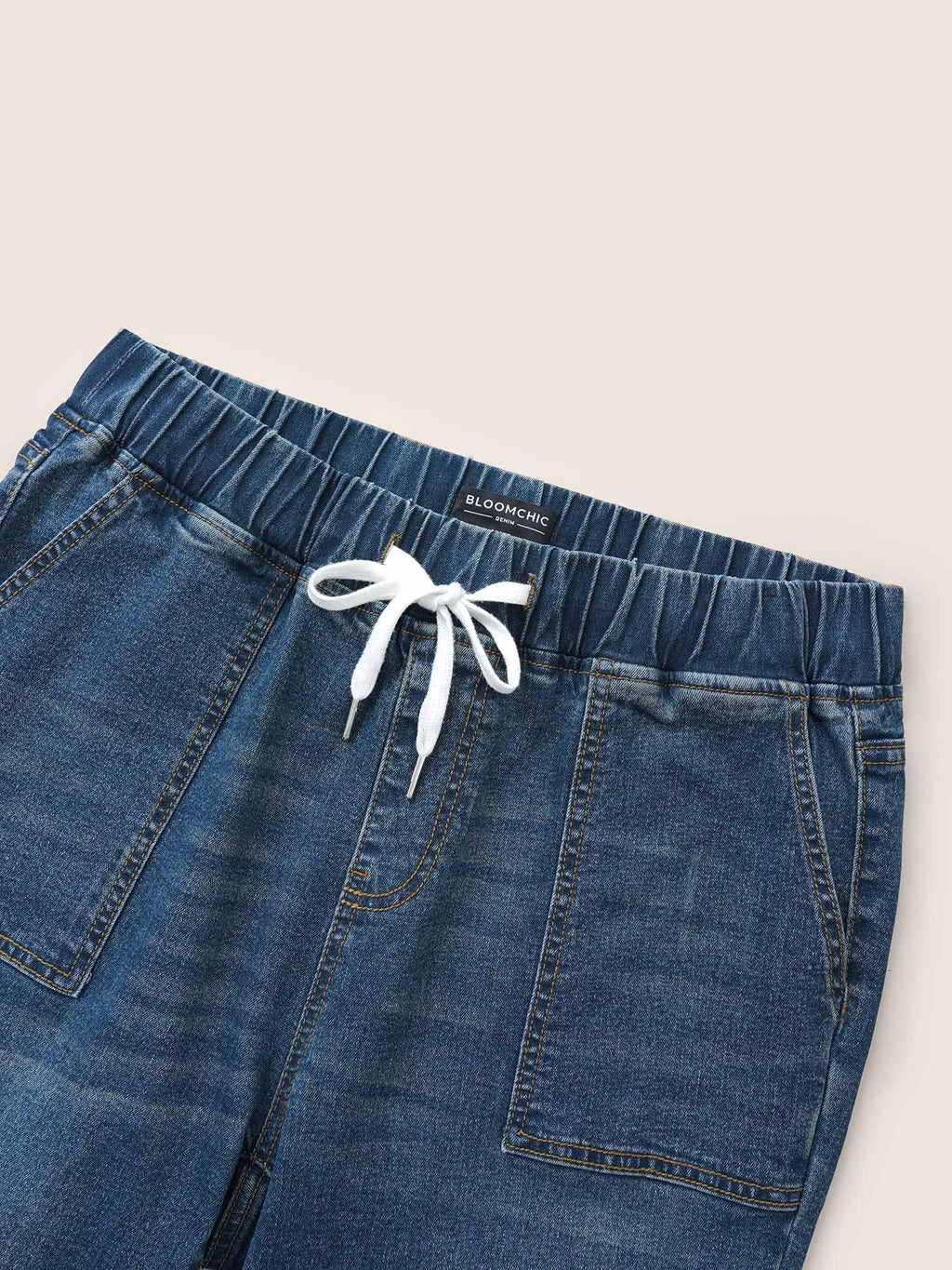 Drawstring Elastic Waist Roll Hem Jeans