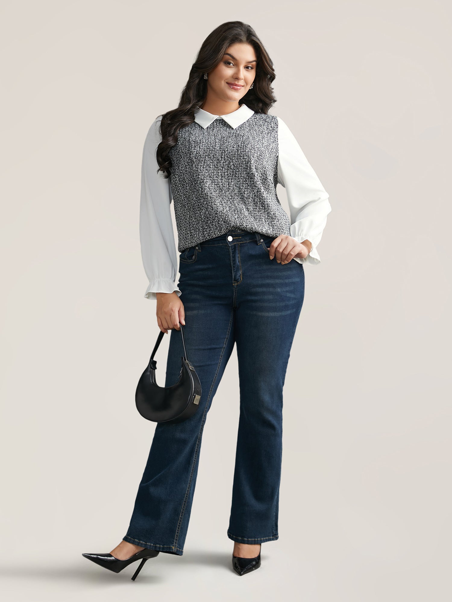 Tweed Patchwork Lantern Sleeve Blouse