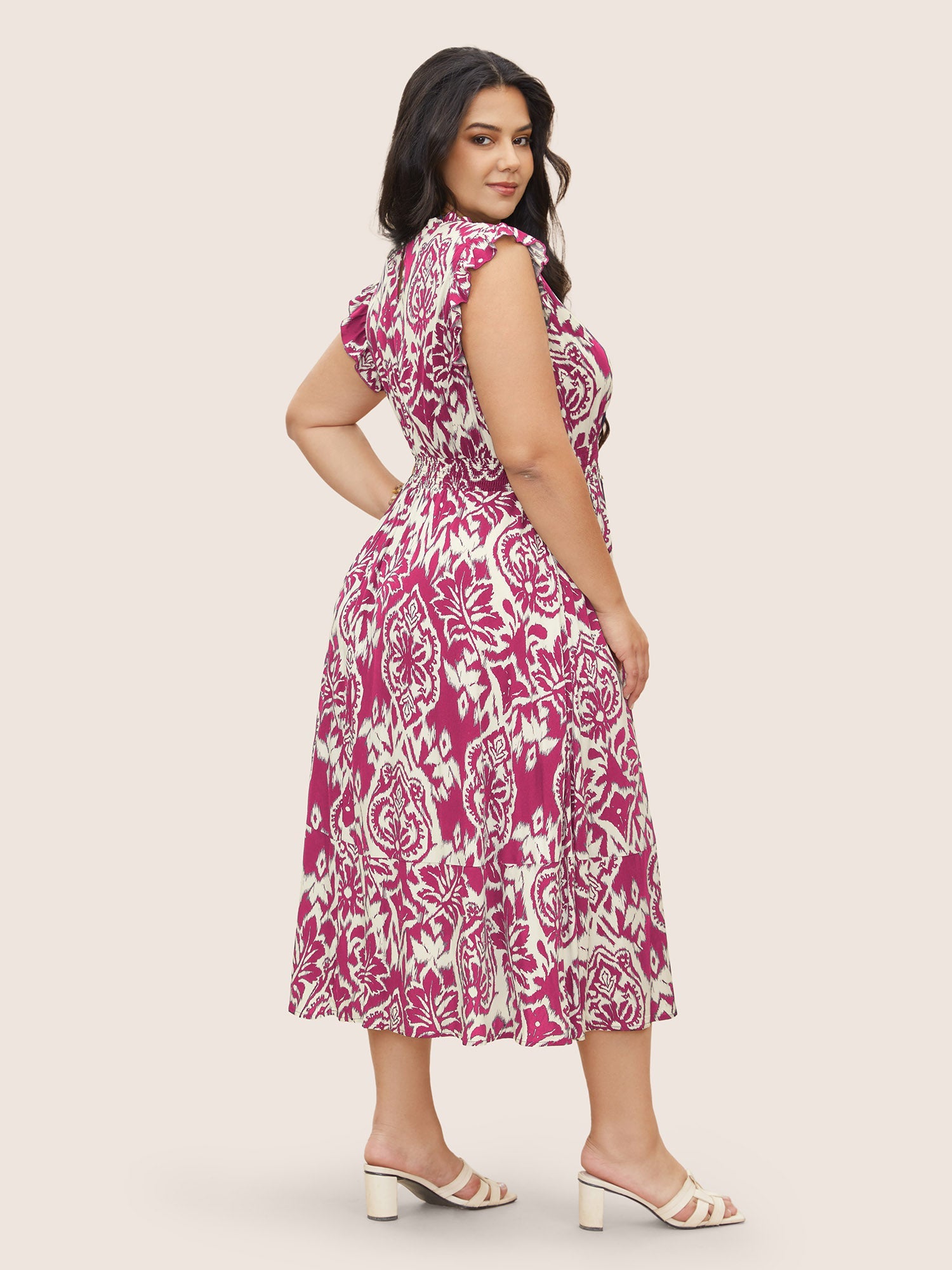 Boho Print Mock Neck Shirred Ruffle Cap Sleeve Dress