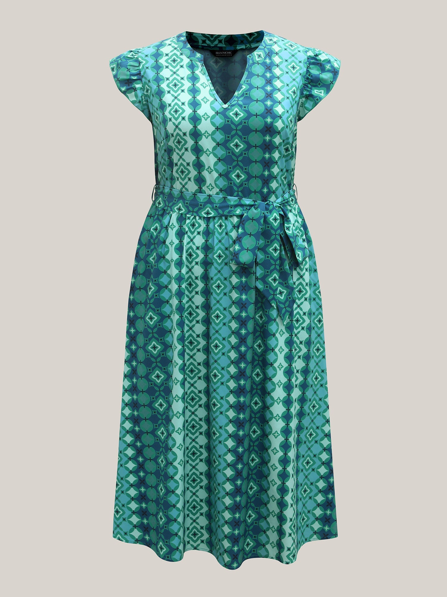 Boho Vacation Print Belted Notched Midi Dress