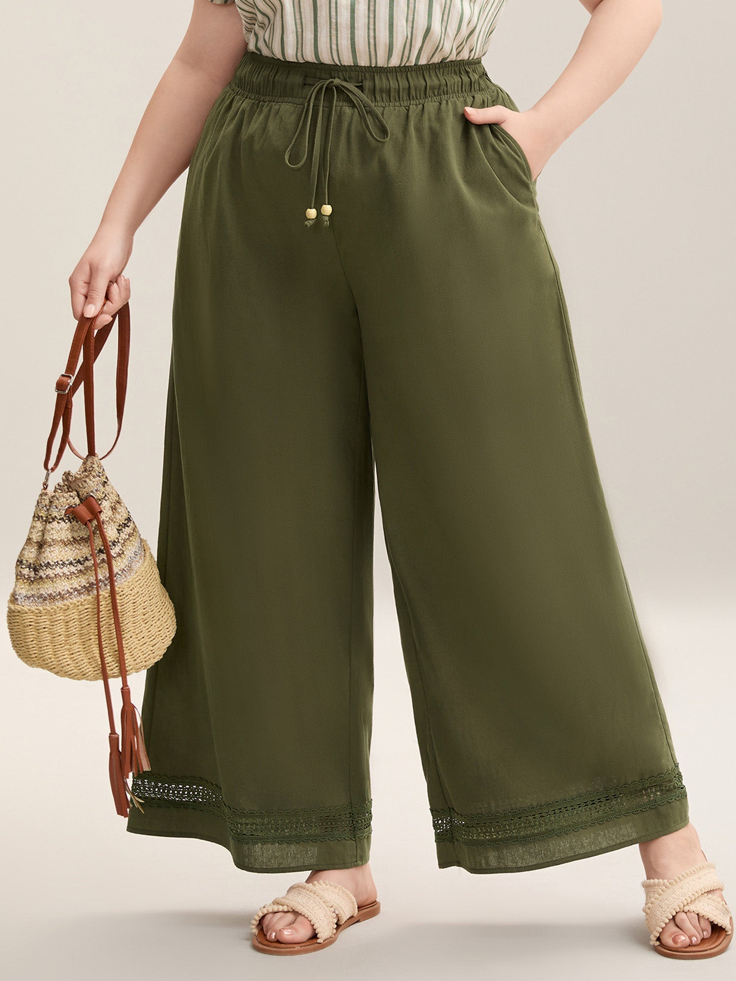 Drawstring Lace Detail Wide-Leg Pants