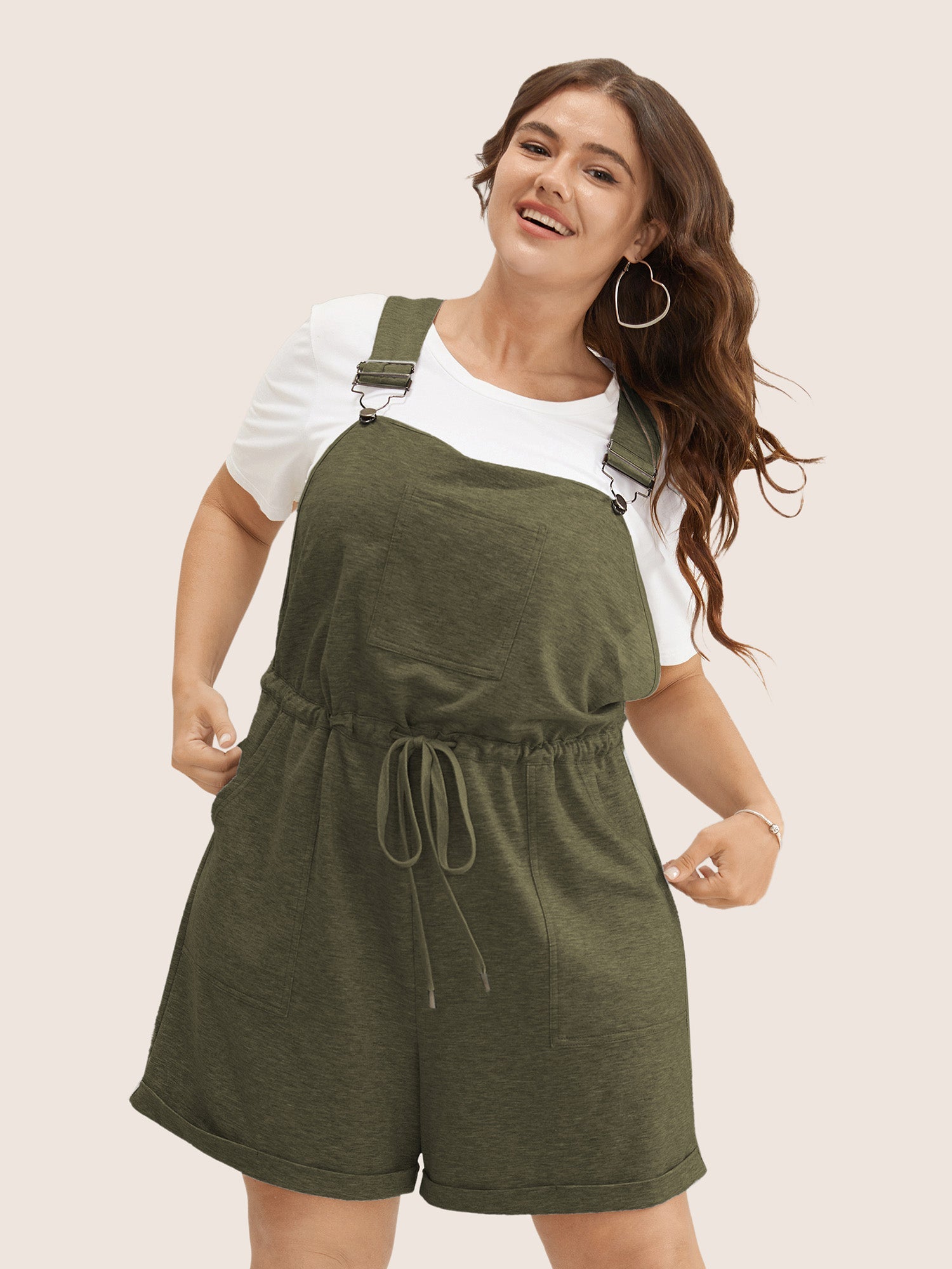 Solid Pocket Drawstring Overall Romper