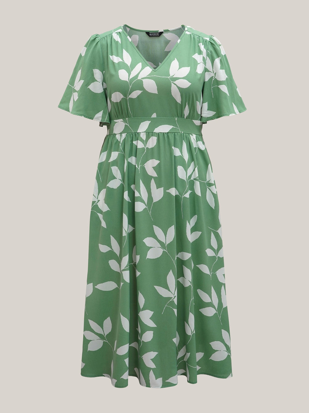 Leaf Print Waist-Cinched Flared Maxi Dress