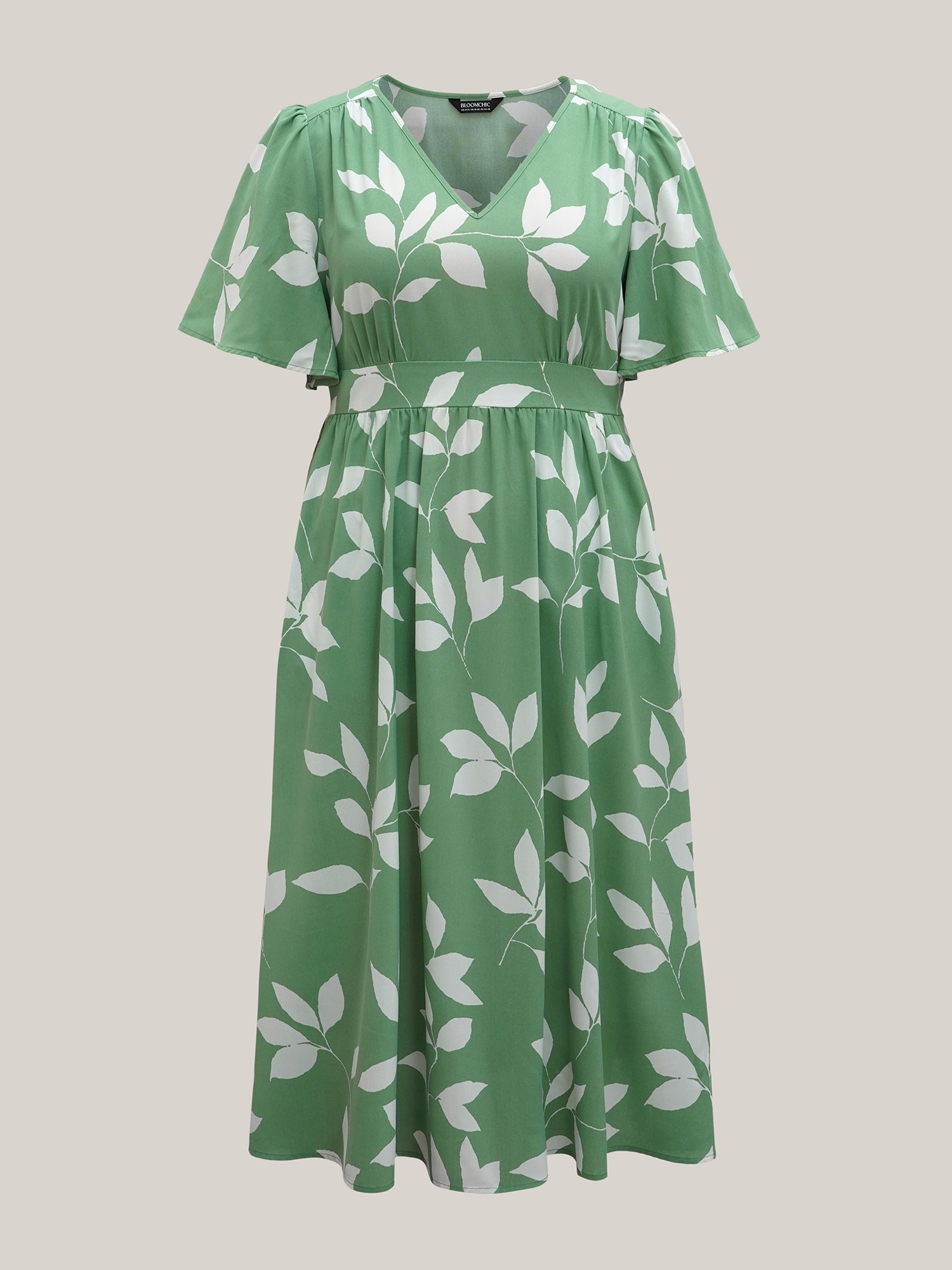 Leaf Print Waist-Cinched Flared Maxi Dress