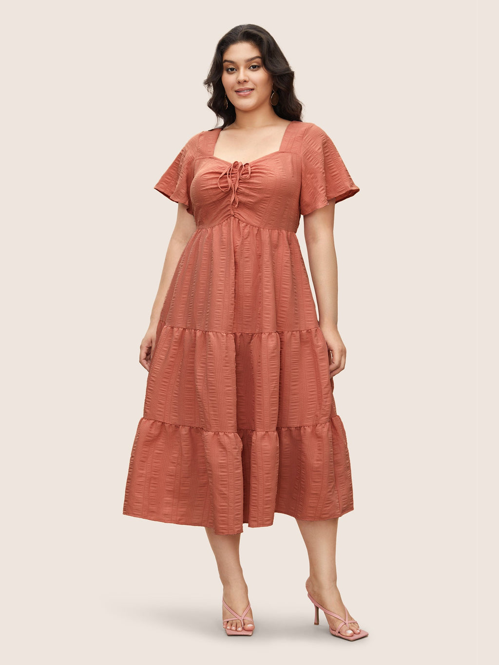 Plain Ruched Drawstring Pocket Ruffle Tiered Dress